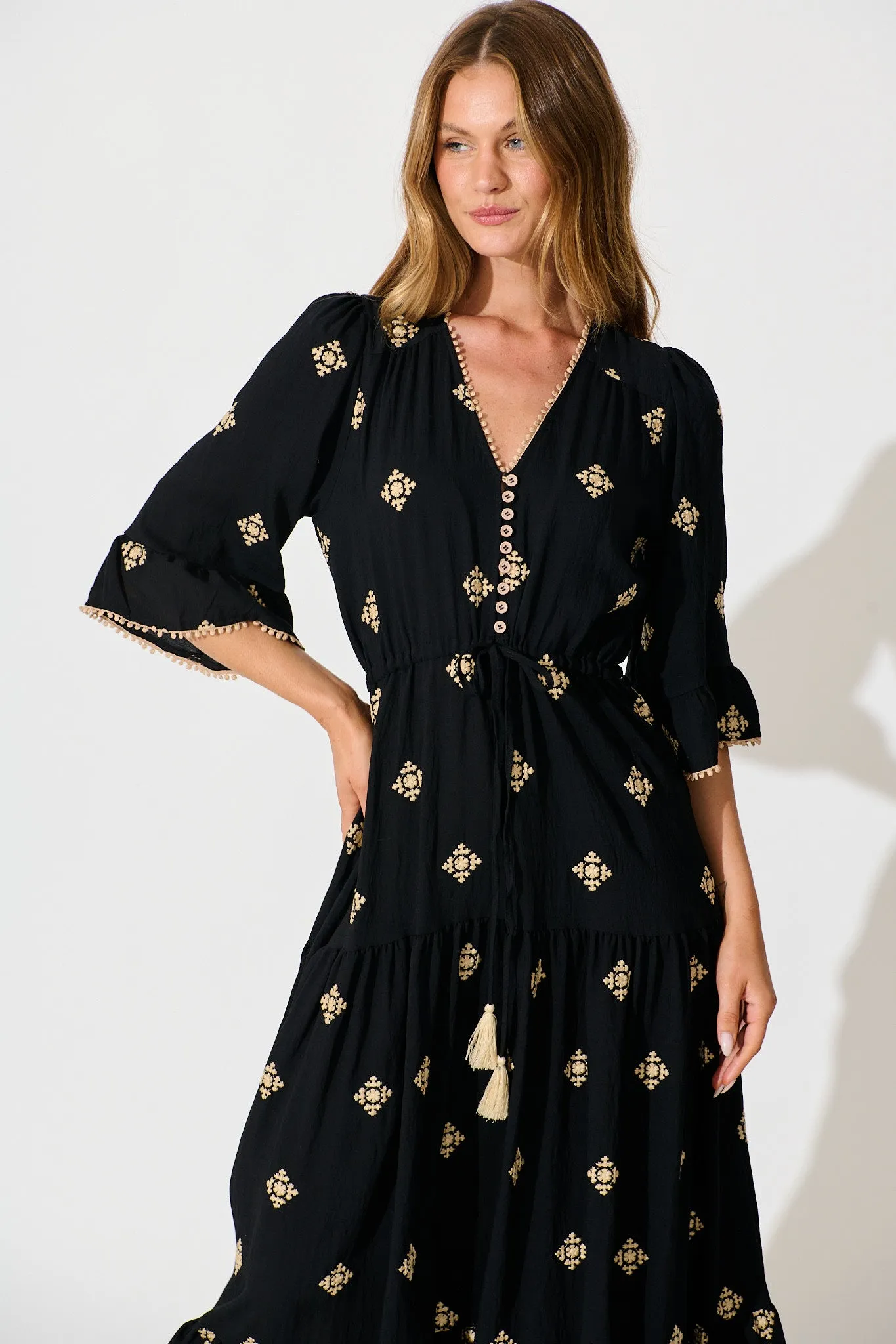 Kelsey Midi Dress in Black with Cream Embroidery sold by St Frock product image thumbnail 2