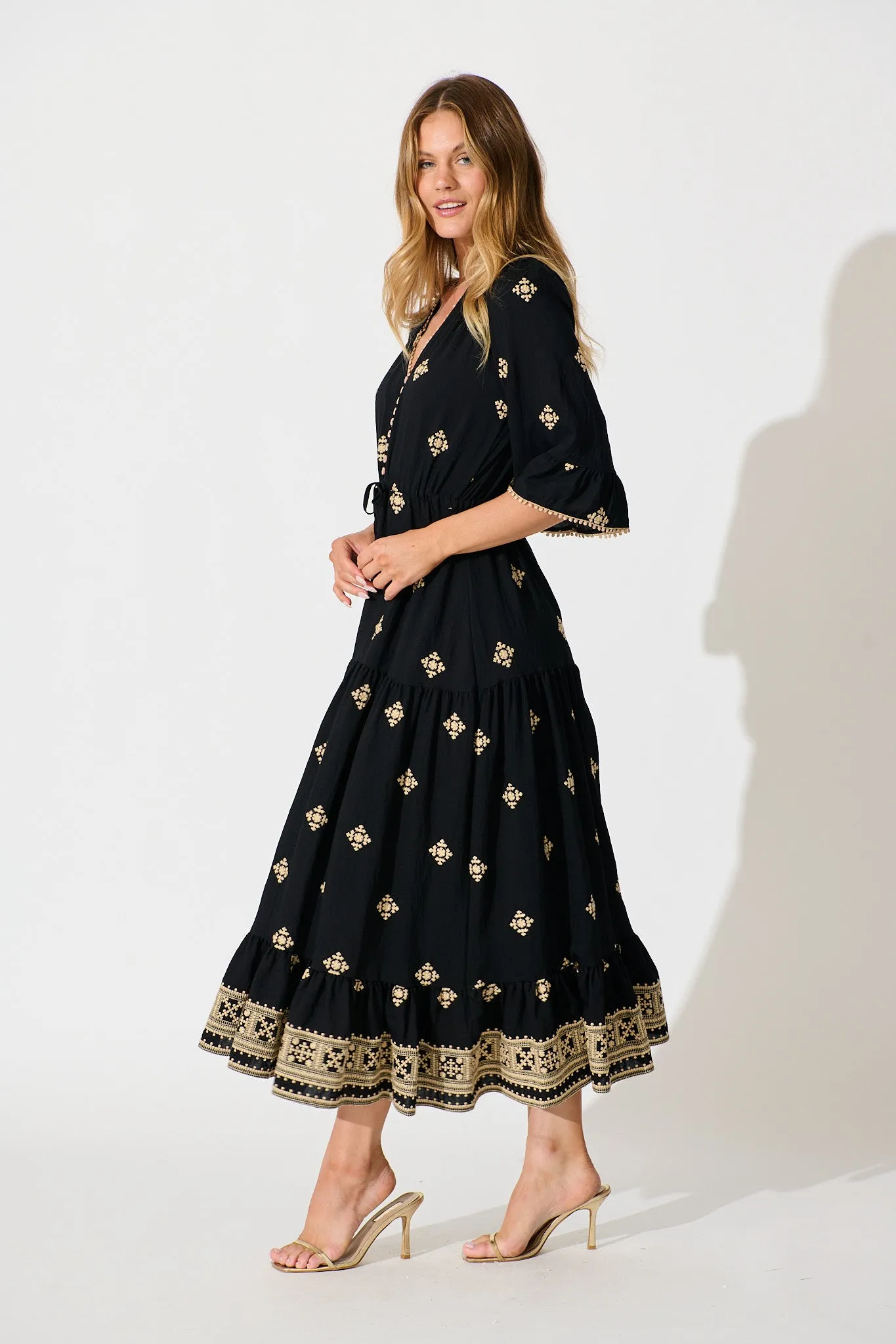 Kelsey Midi Dress in Black with Cream Embroidery sold by St Frock product image thumbnail 3