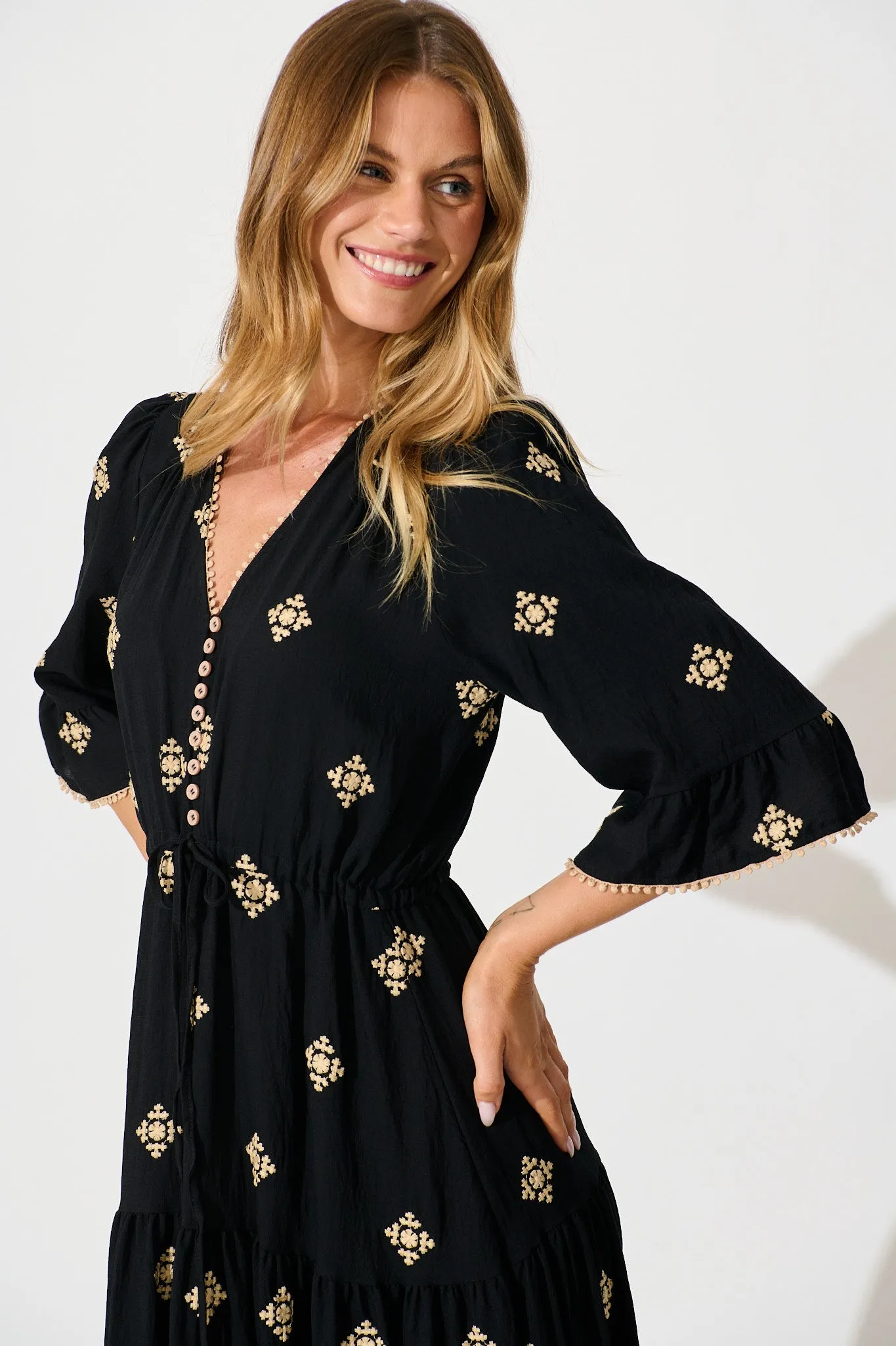 Kelsey Midi Dress in Black with Cream Embroidery sold by St Frock product image thumbnail 5