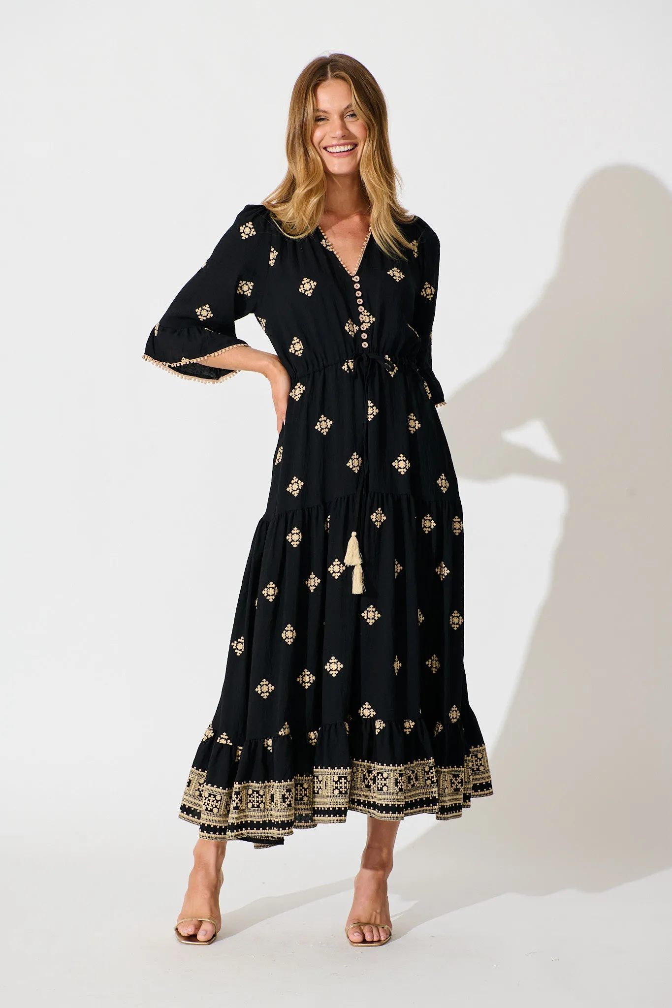 Kelsey Midi Dress in Black with Cream Embroidery sold by St Frock