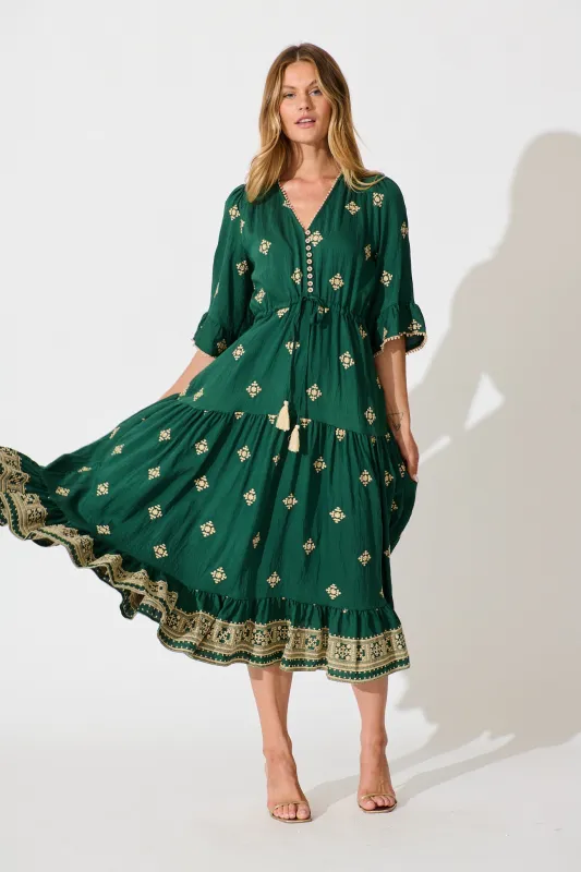 Kelsey Midi Dress in Emerald with Cream Embroidery sold by St Frock