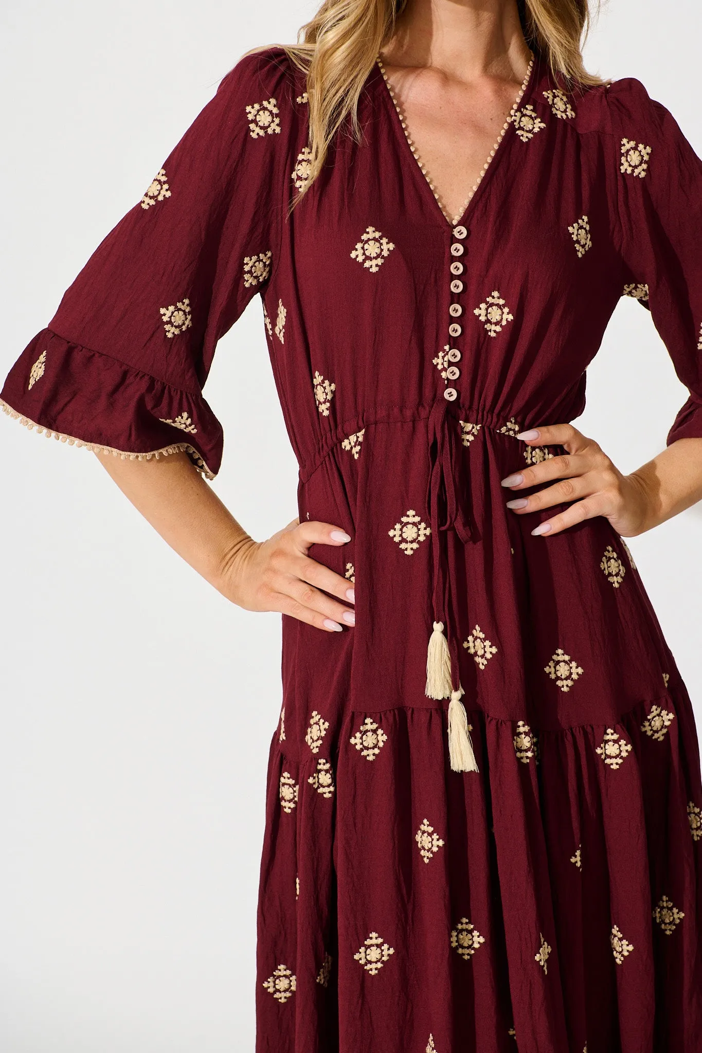 Kelsey Midi Dress in Wine with Cream Embroidery sold by St Frock product image thumbnail 5