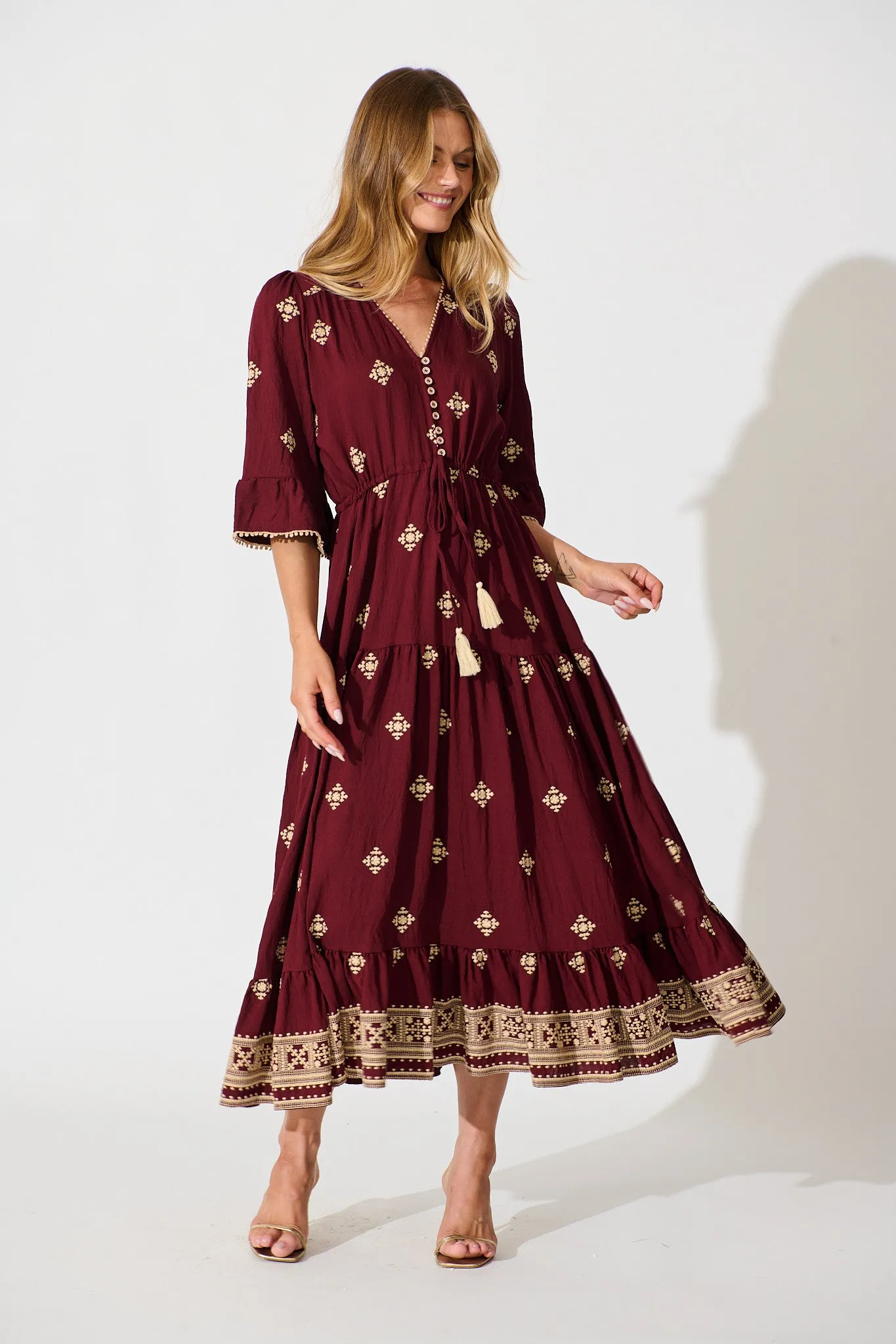 Kelsey Midi Dress in Wine with Cream Embroidery sold by St Frock