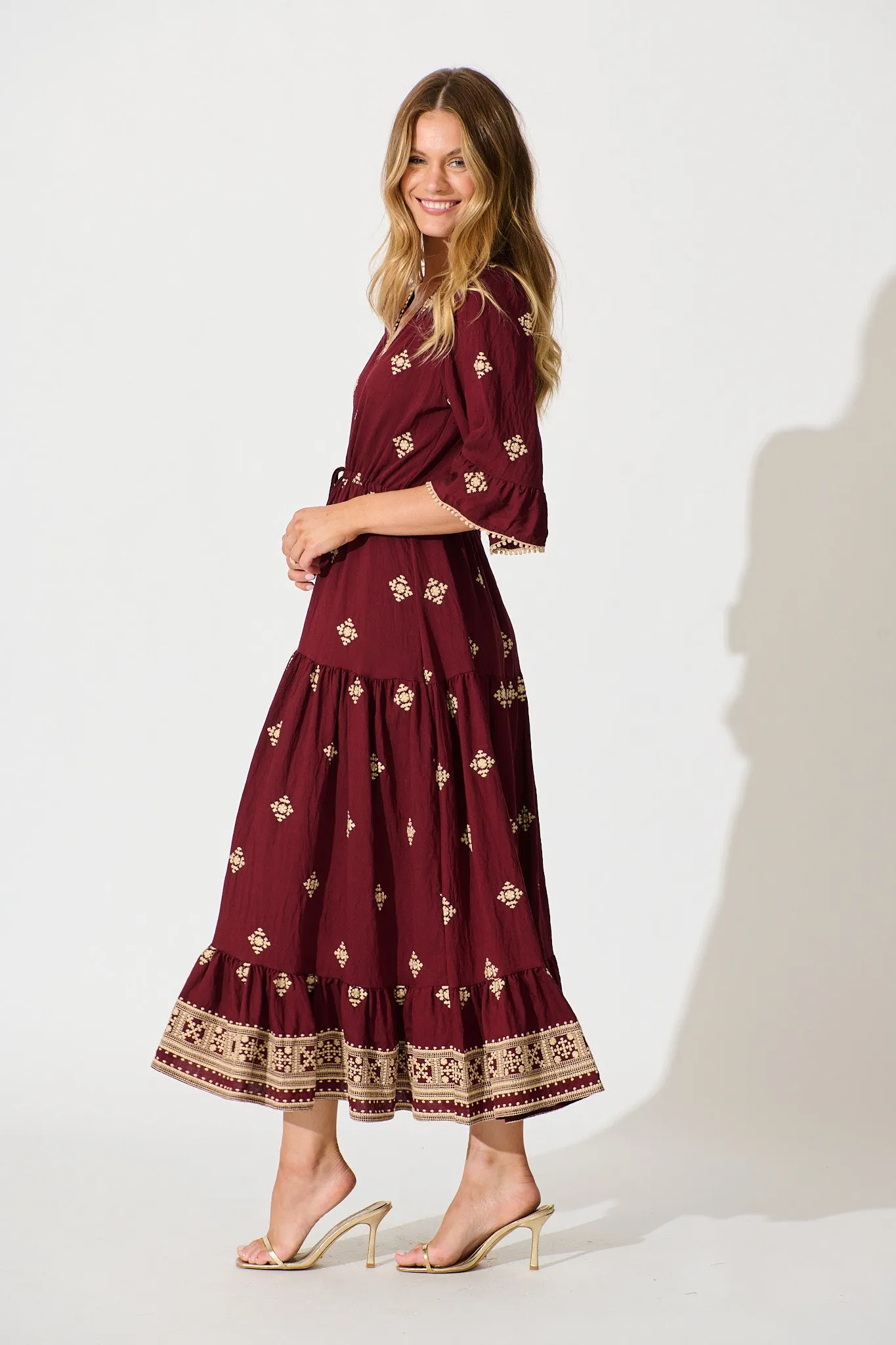 Kelsey Midi Dress in Wine with Cream Embroidery sold by St Frock product image thumbnail 3