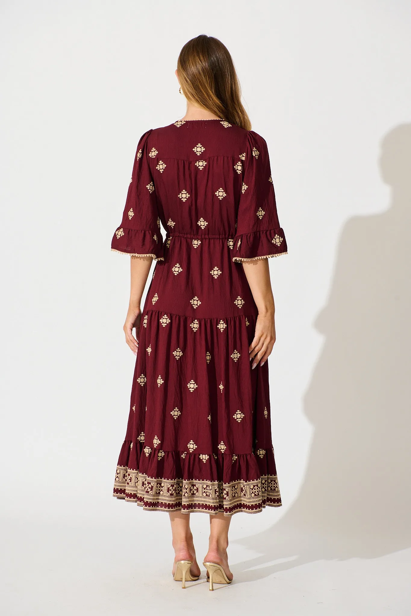 Kelsey Midi Dress in Wine with Cream Embroidery sold by St Frock product image thumbnail 4