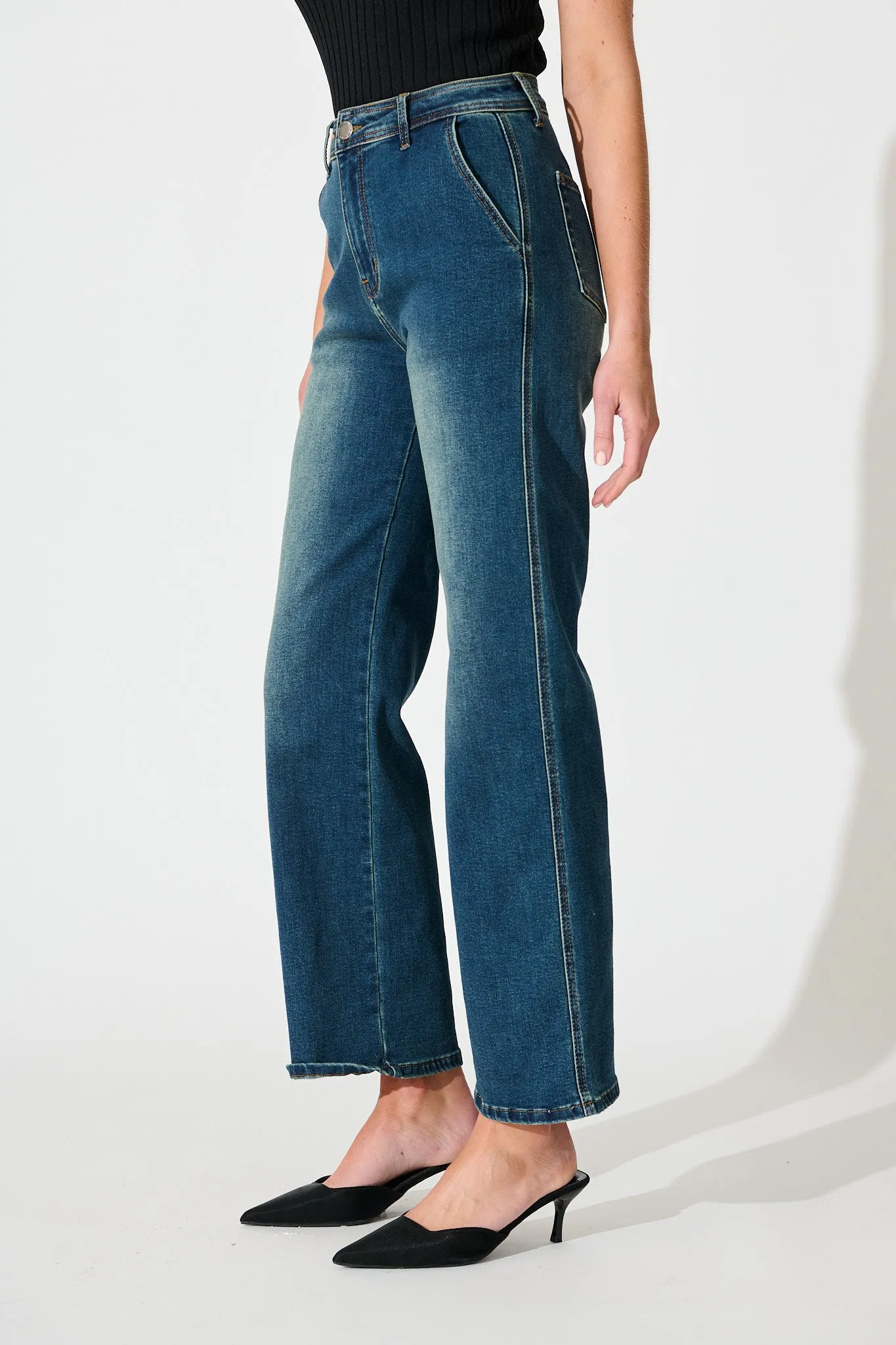Adele High Rise Straight Leg Jean in Stone Wash Blue sold by St Frock product image thumbnail 2