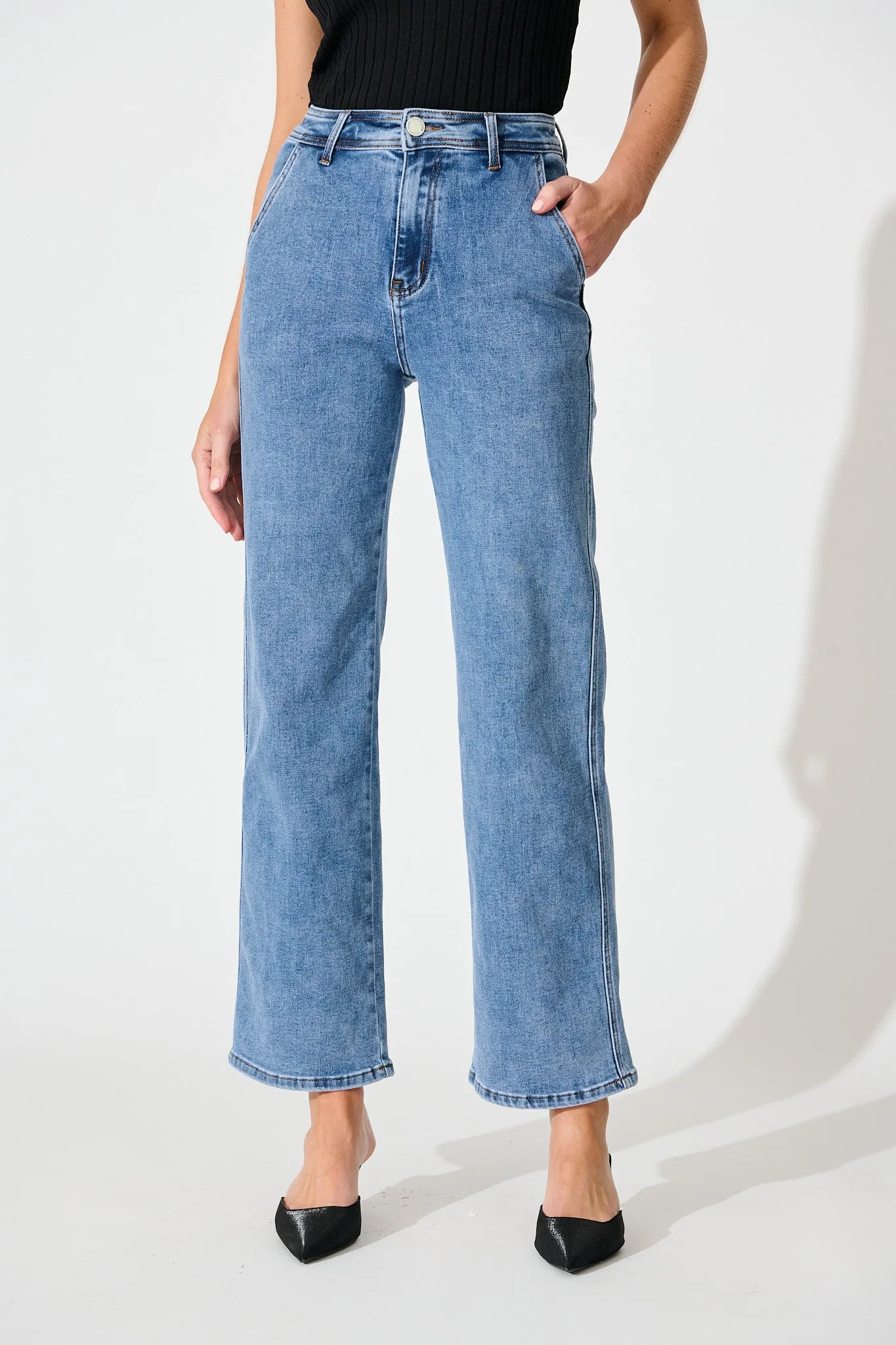 Adele High Rise Straight Leg Jean in Mid Blue sold by St Frock