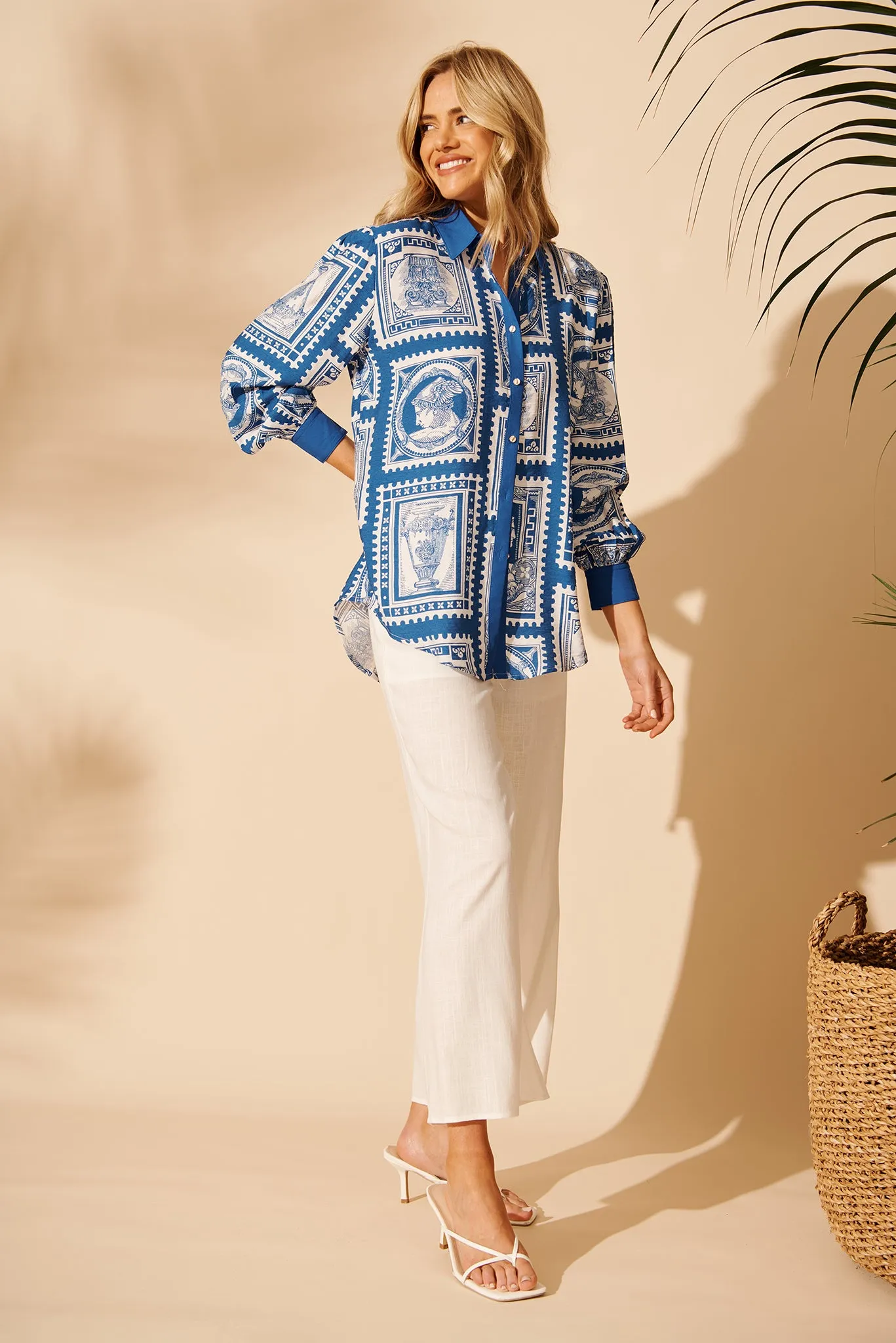 Adila Shirt in Blue with White Stamp Print sold by St Frock product image thumbnail 2