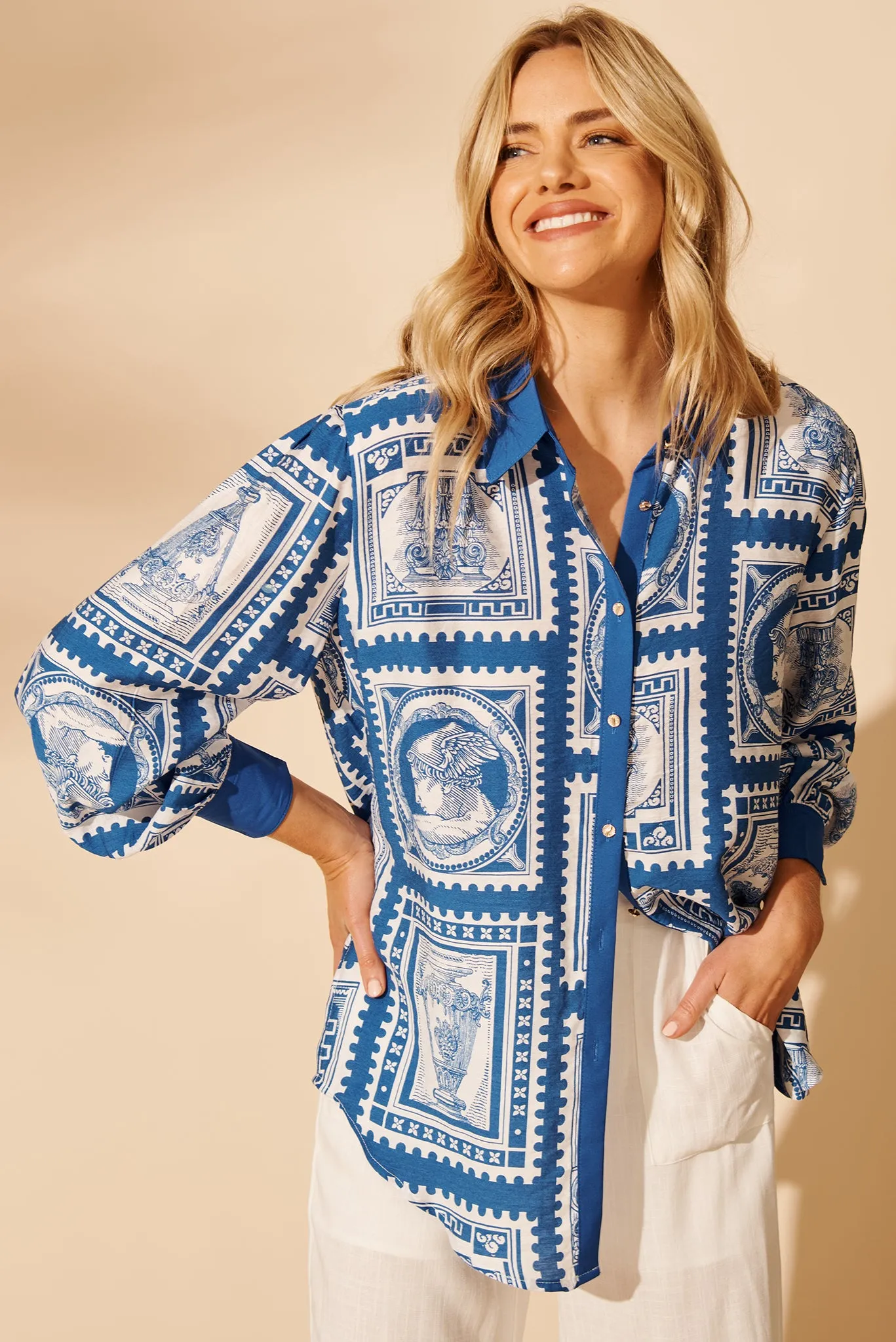 Adila Shirt in Blue with White Stamp Print sold by St Frock