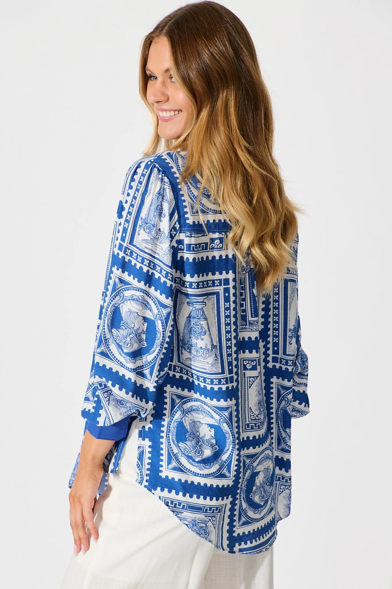 Adila Shirt in Blue with White Stamp Print sold by St Frock product image thumbnail 4