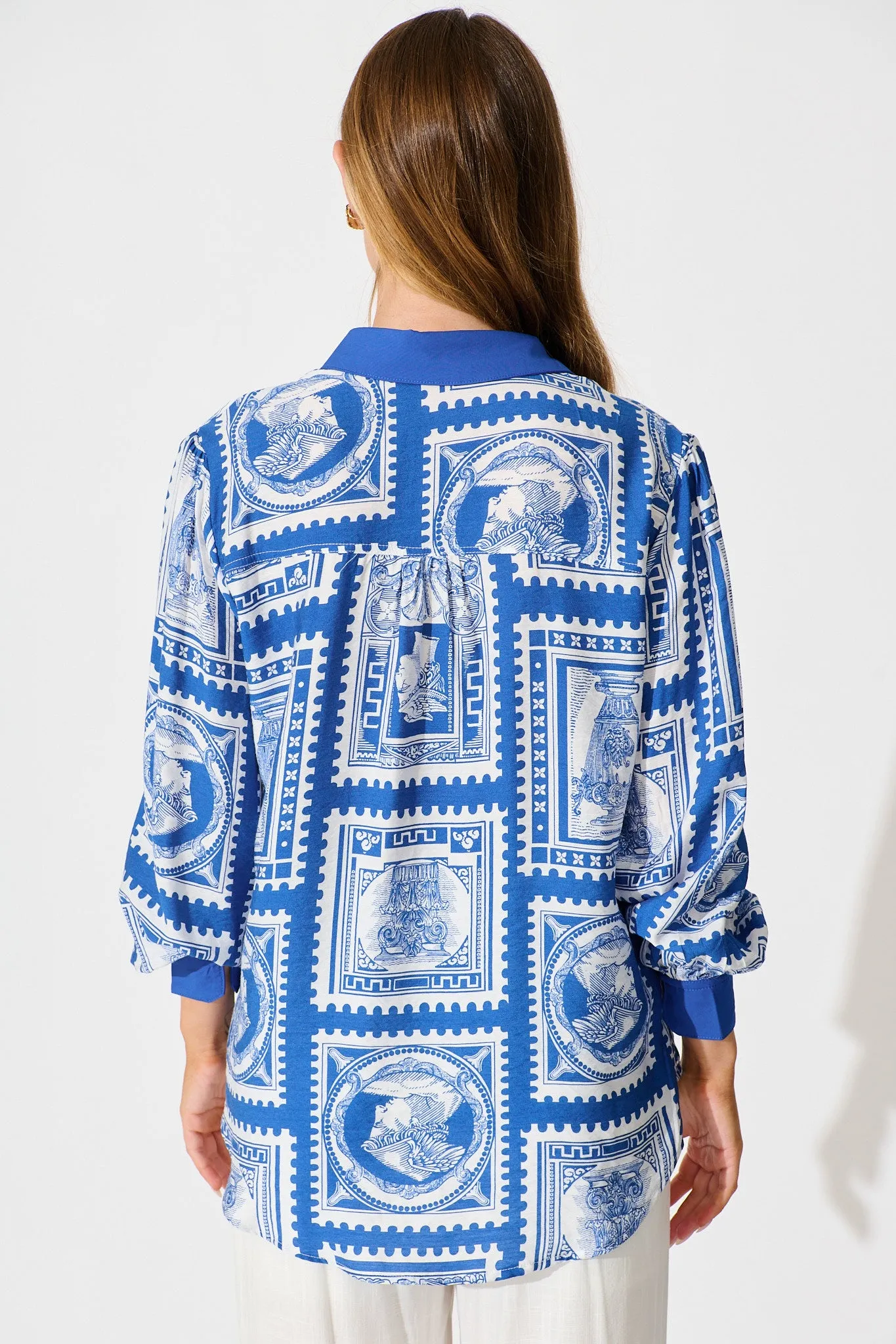 Adila Shirt in Blue with White Stamp Print sold by St Frock product image thumbnail 5