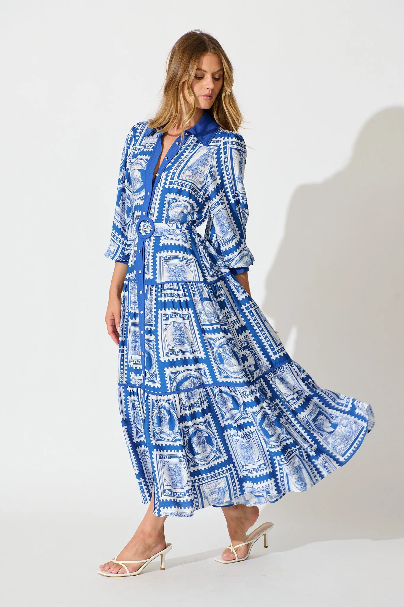 Nouveau Maxi Shirt Dress in Blue with White Stamp Print sold by St Frock product image thumbnail 5