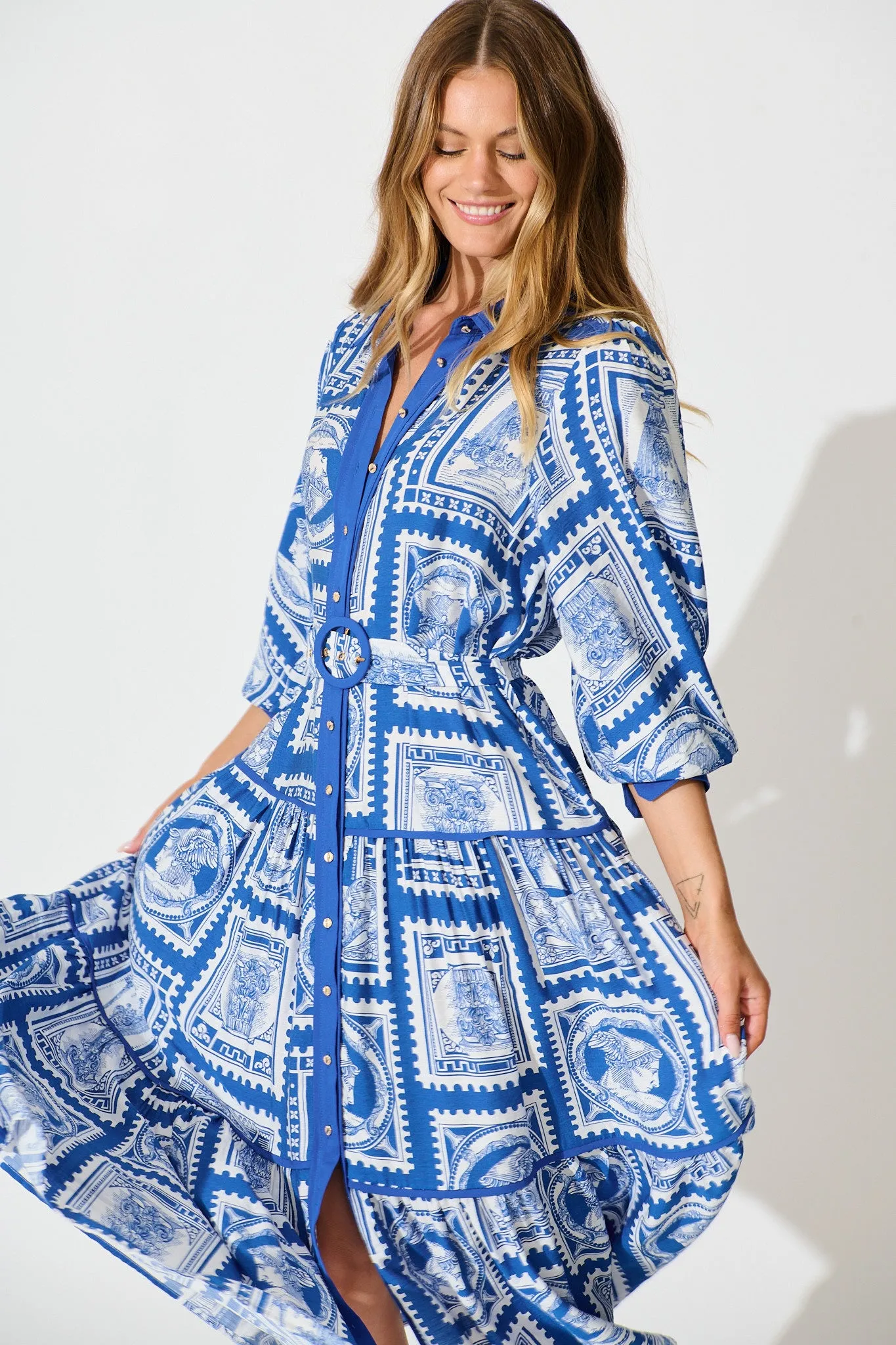 Nouveau Maxi Shirt Dress in Blue with White Stamp Print sold by St Frock product image thumbnail 4