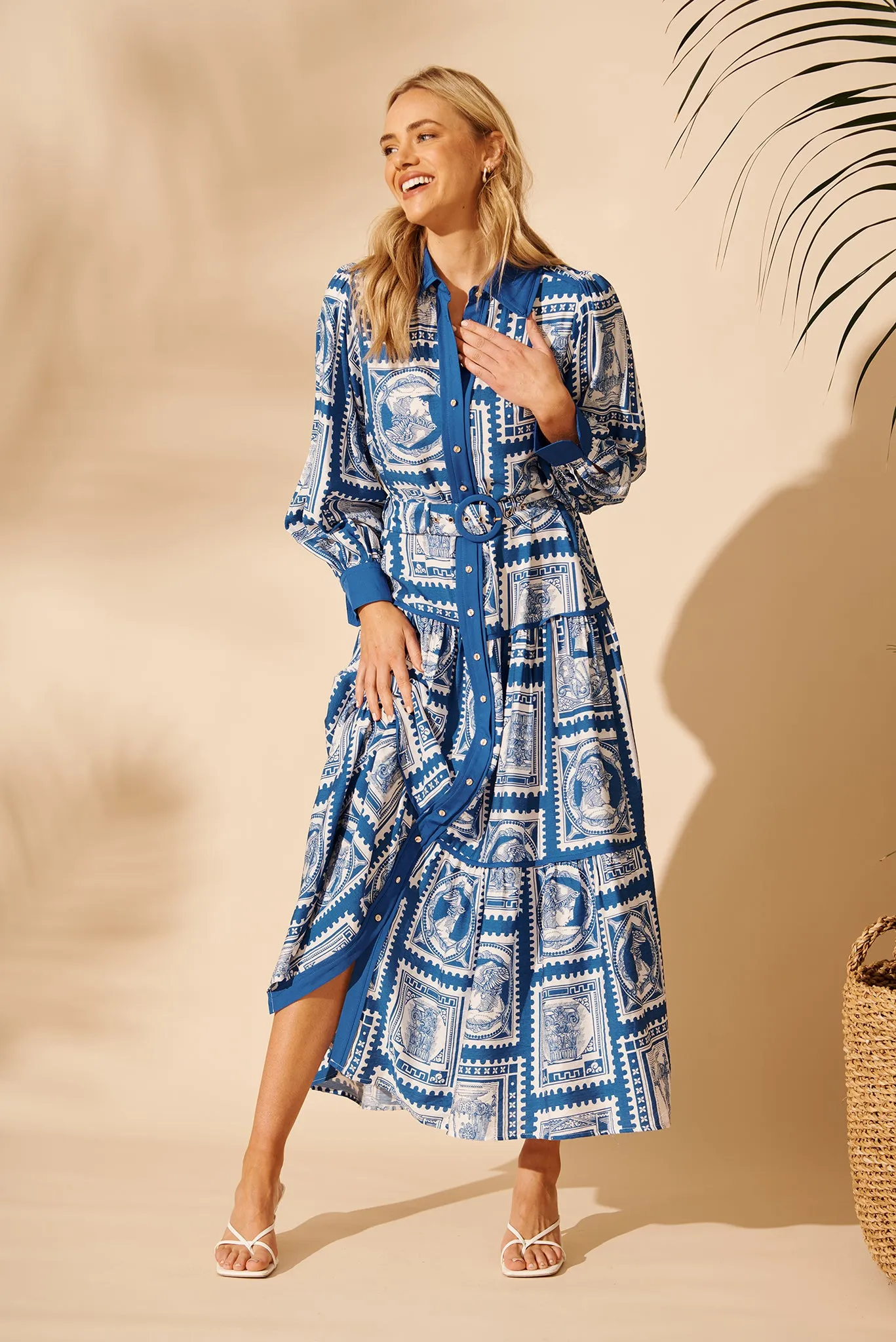 Nouveau Maxi Shirt Dress in Blue with White Stamp Print sold by St Frock