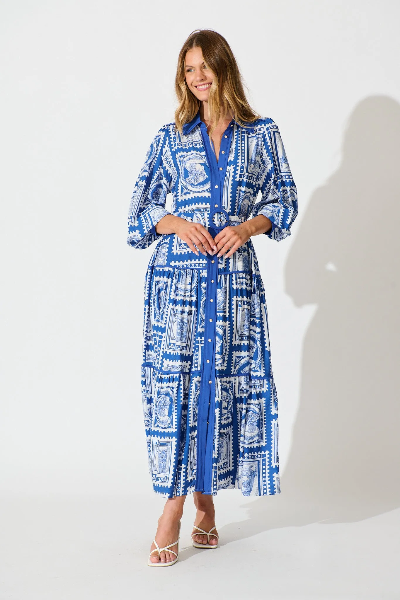 Nouveau Maxi Shirt Dress in Blue with White Stamp Print sold by St Frock product image thumbnail 3