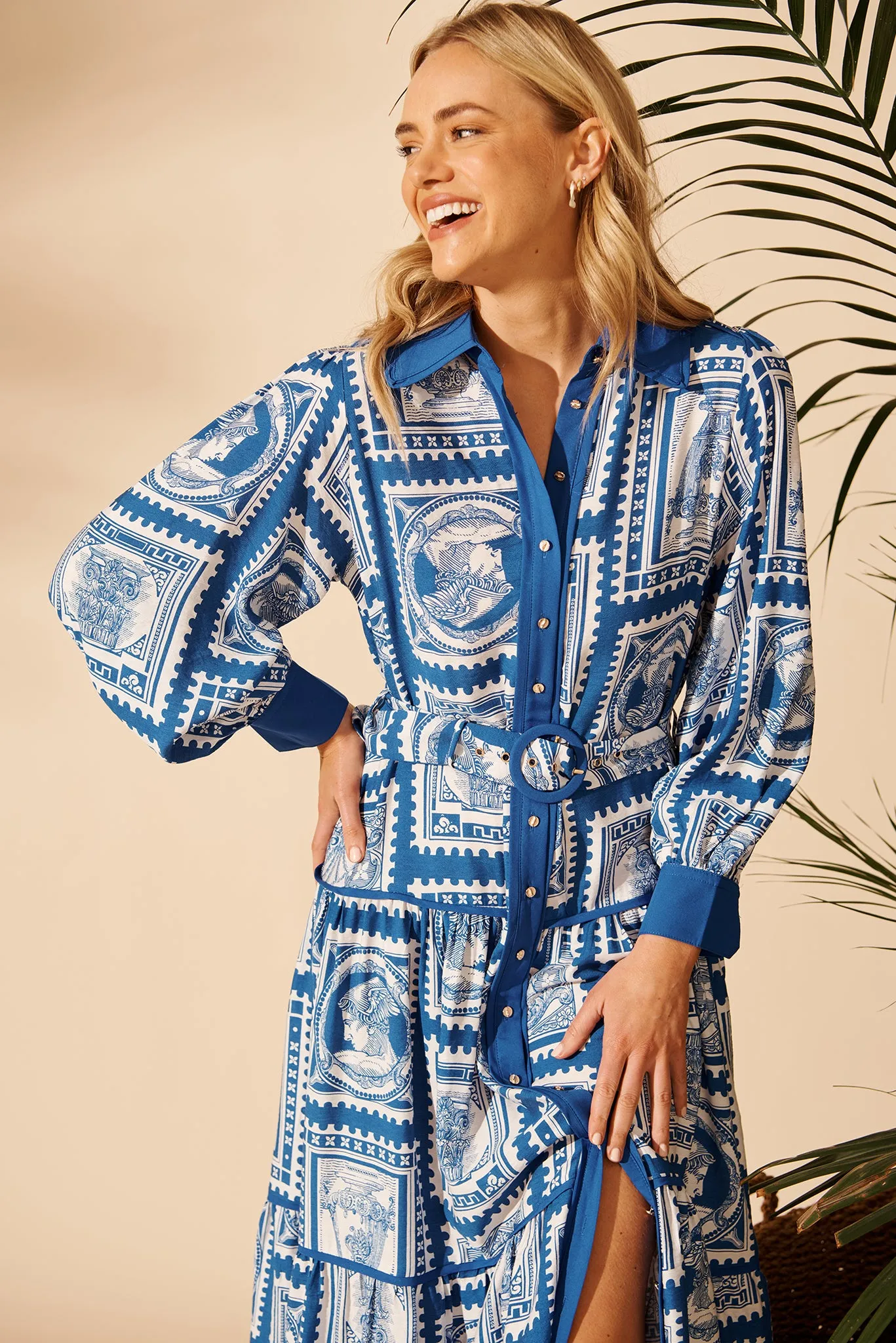 Nouveau Maxi Shirt Dress in Blue with White Stamp Print sold by St Frock product image thumbnail 2