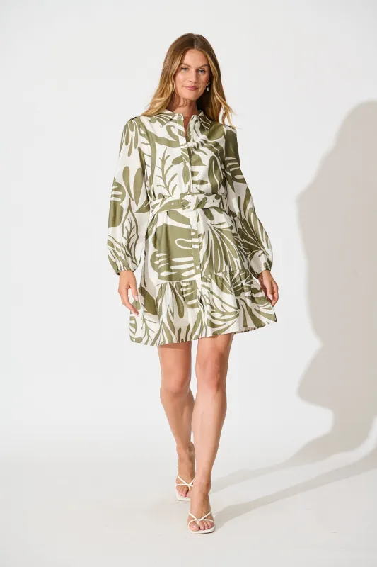Della Shirt Dress in Khaki and Cream Leaf Print sold by St Frock