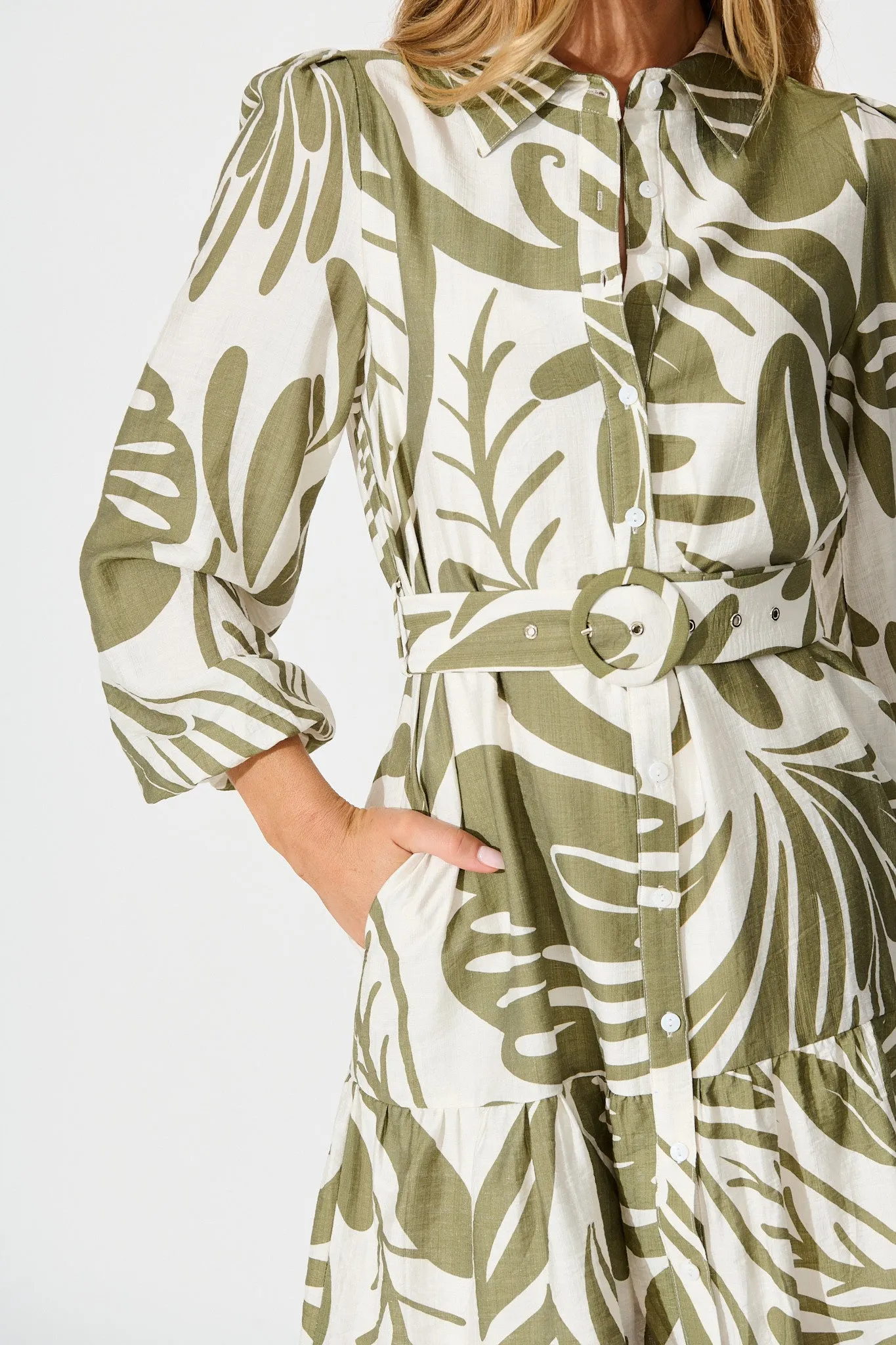 Della Shirt Dress in Khaki and Cream Leaf Print sold by St Frock product image thumbnail 5