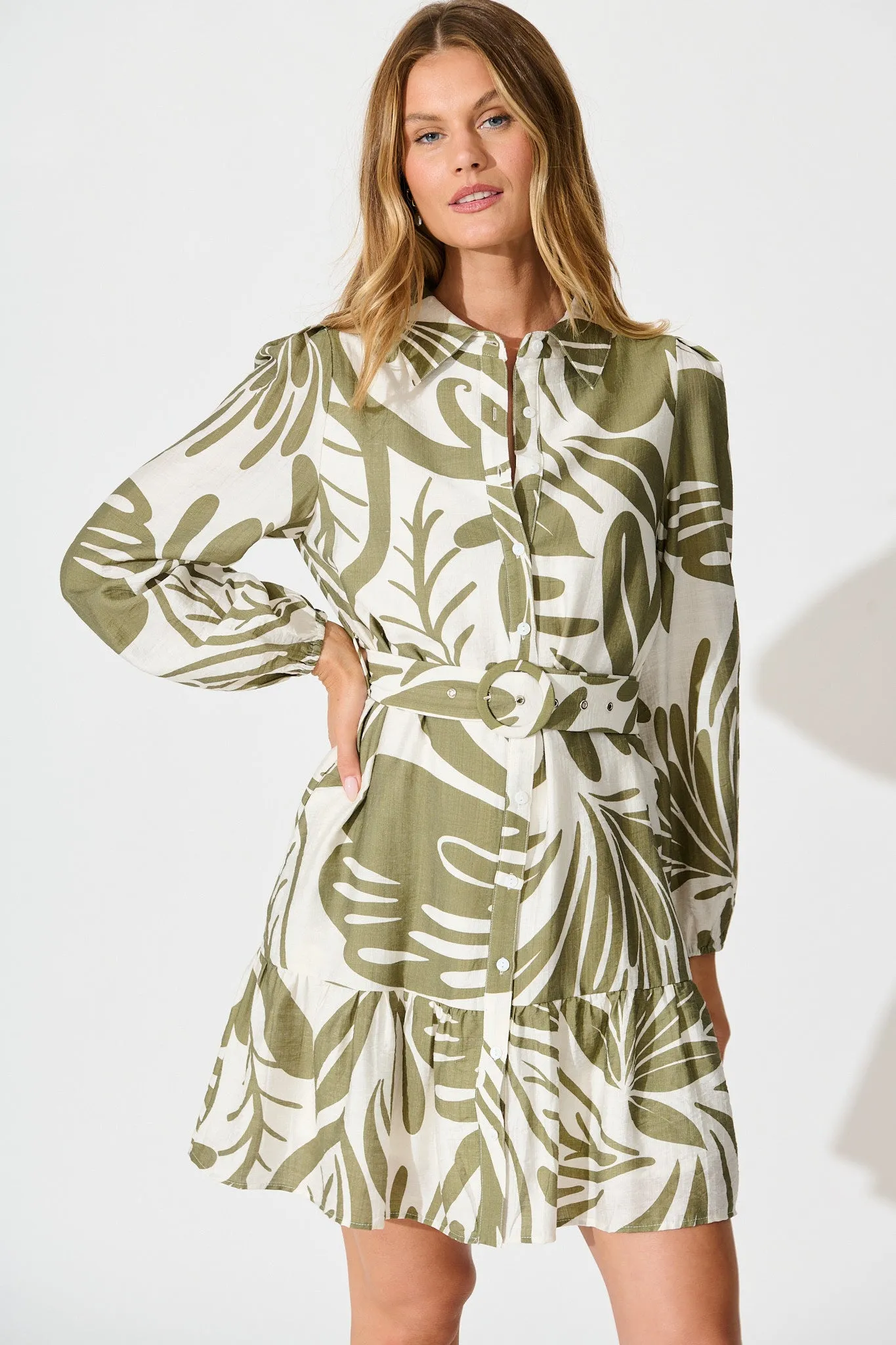 Della Shirt Dress in Khaki and Cream Leaf Print sold by St Frock product image thumbnail 2