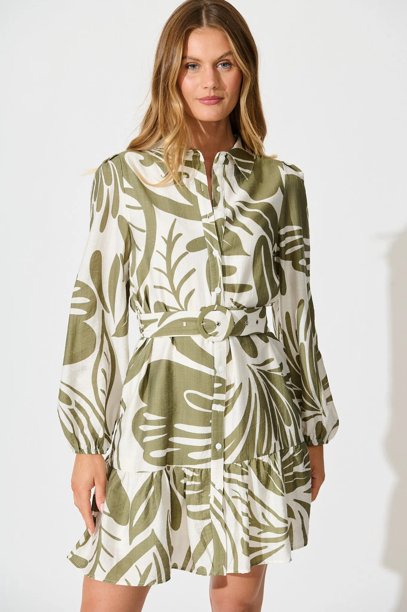 Della Shirt Dress in Khaki and Cream Leaf Print sold by St Frock product image thumbnail 3