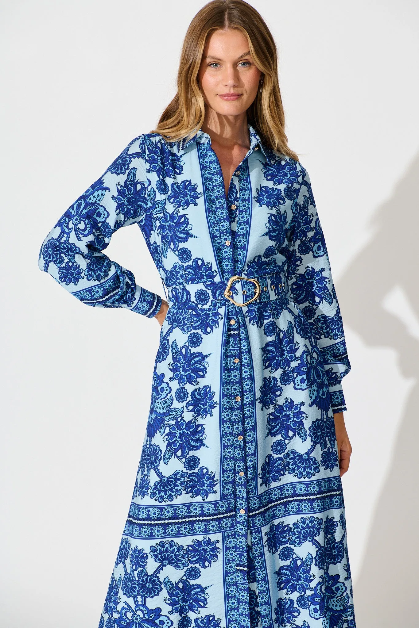 Avianna Midi Shirt Dress in Blue with Navy Border Print sold by St Frock product image thumbnail 2