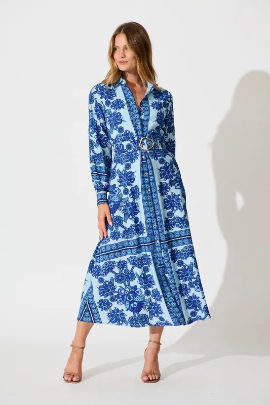 Avianna Midi Shirt Dress in Blue with Navy Border Print sold by St Frock