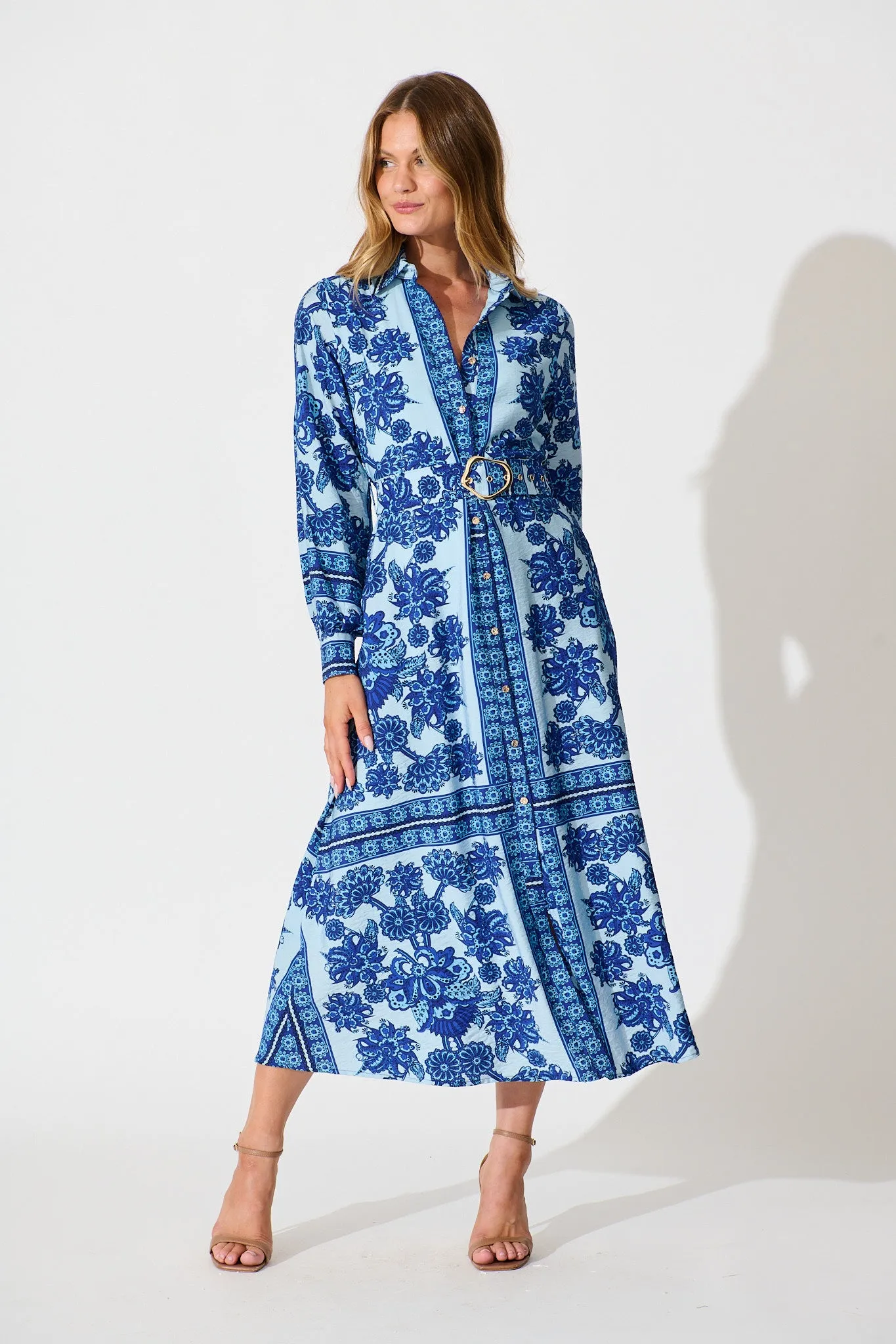 Avianna Midi Shirt Dress in Blue with Navy Border Print sold by St Frock