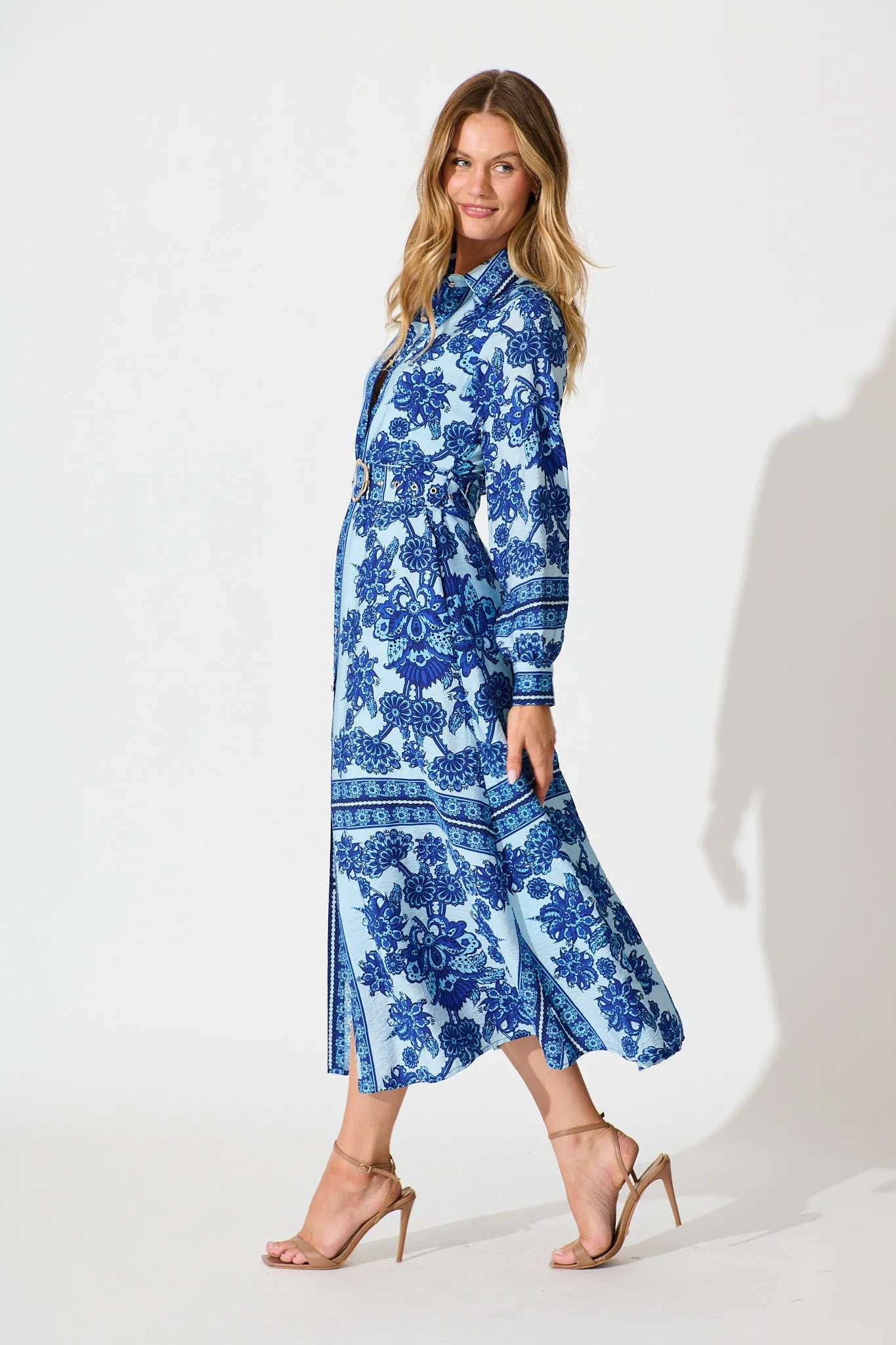 Avianna Midi Shirt Dress in Blue with Navy Border Print sold by St Frock product image thumbnail 3