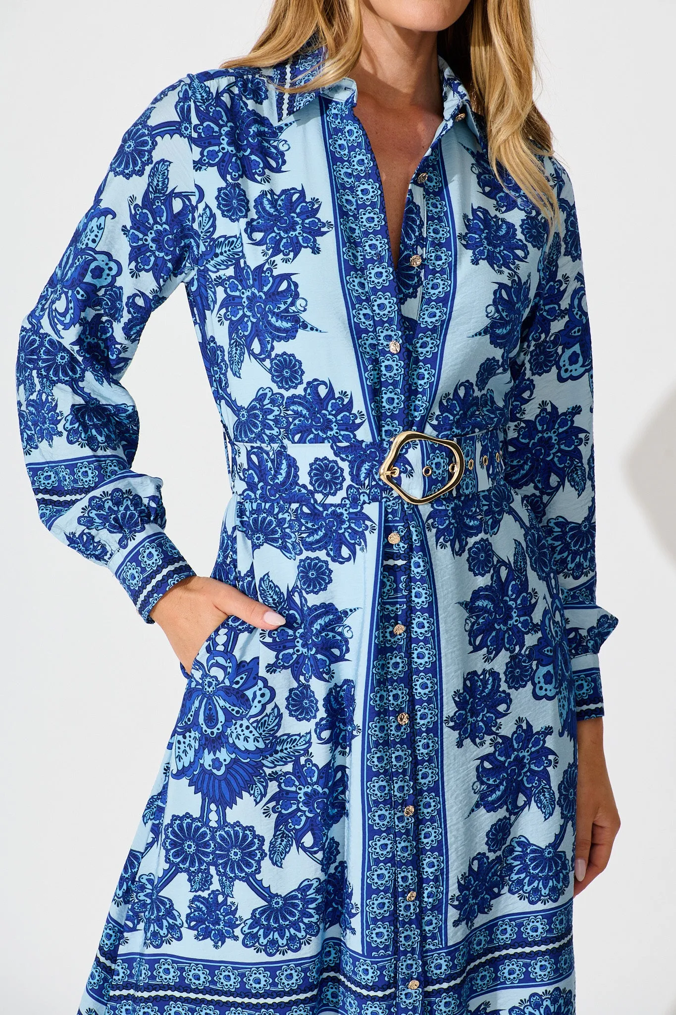 Avianna Midi Shirt Dress in Blue with Navy Border Print sold by St Frock product image thumbnail 5
