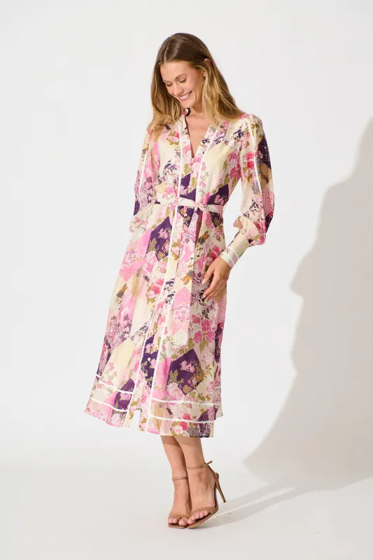 Jarren Midi Dress in Pink Multi Floral with Contrast Trim Linen Blend sold by St Frock