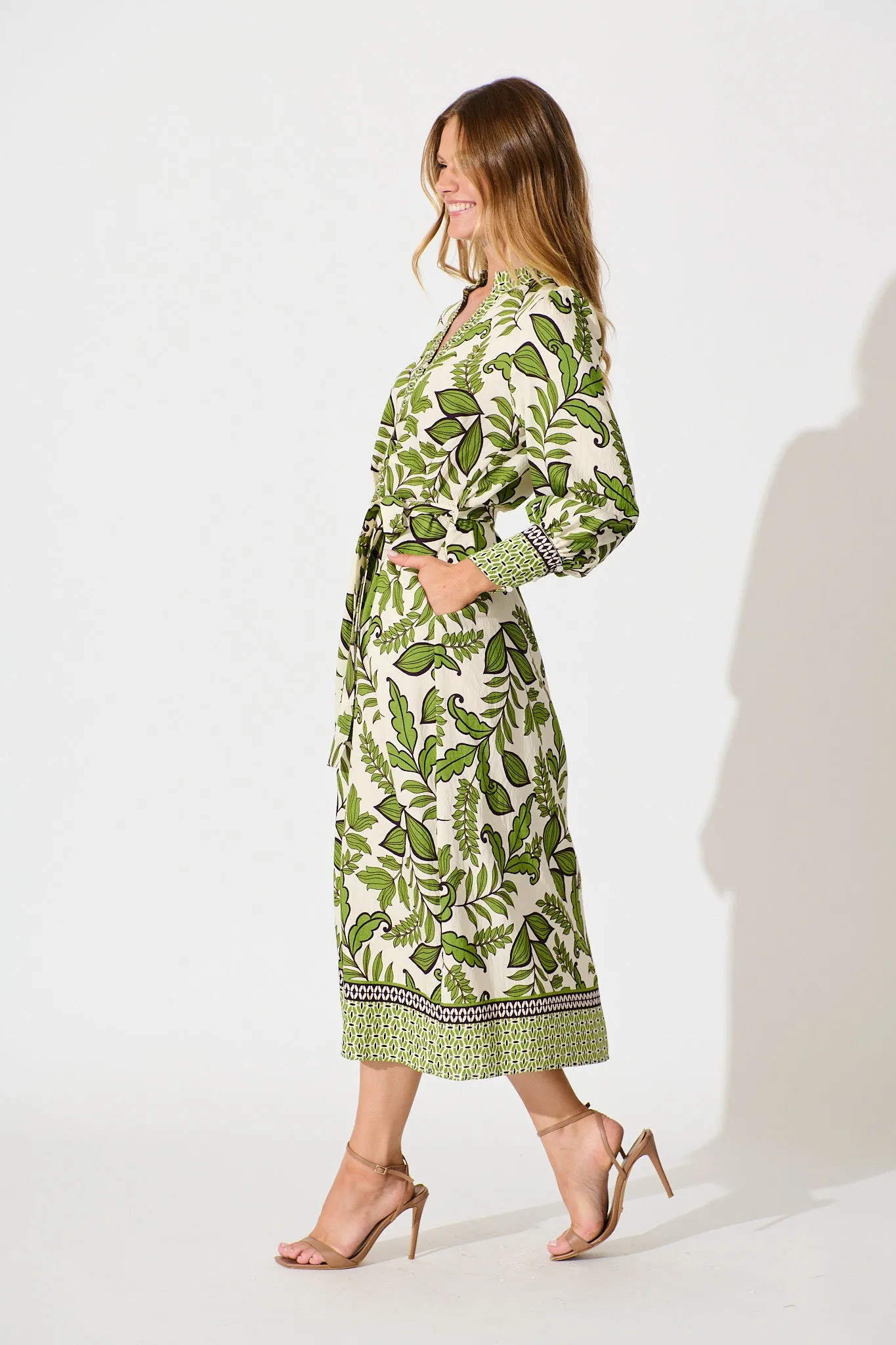 Splendour Midi Dress in Cream with Green Leaf sold by St Frock product image thumbnail 3