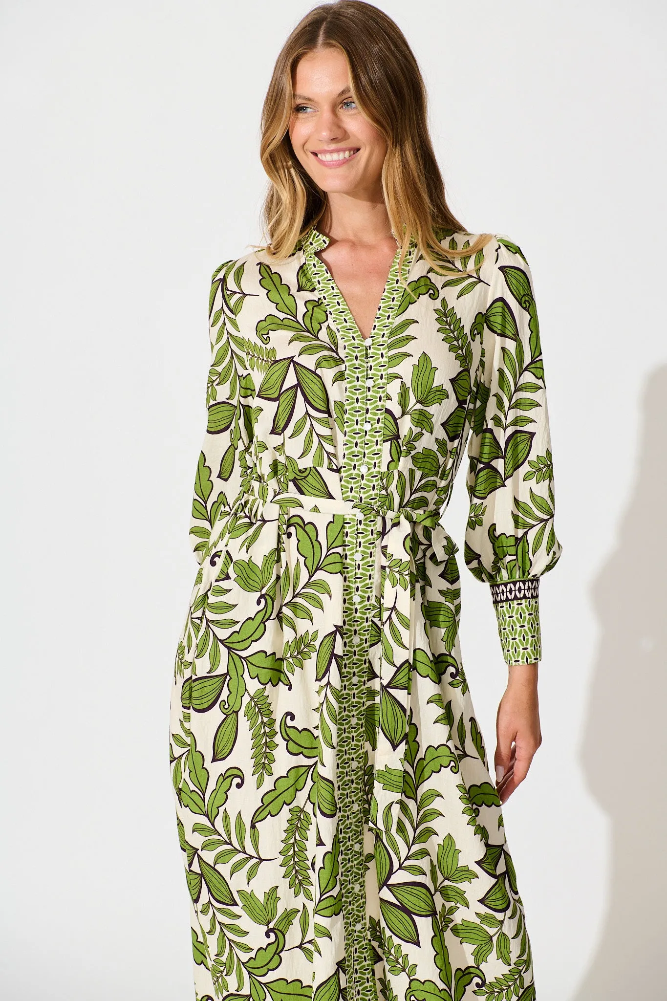 Splendour Midi Dress in Cream with Green Leaf sold by St Frock product image thumbnail 2
