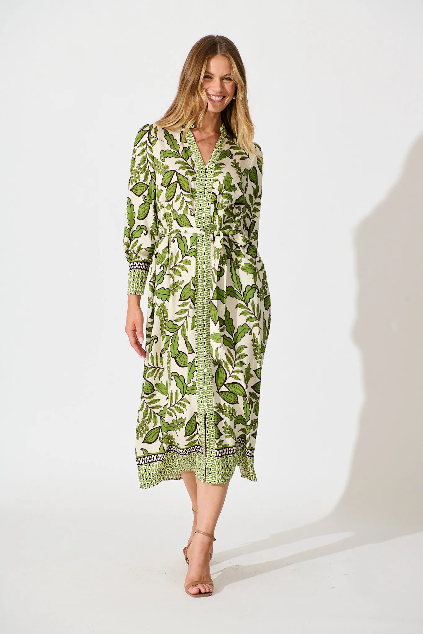 Splendour Midi Dress in Cream with Green Leaf sold by St Frock