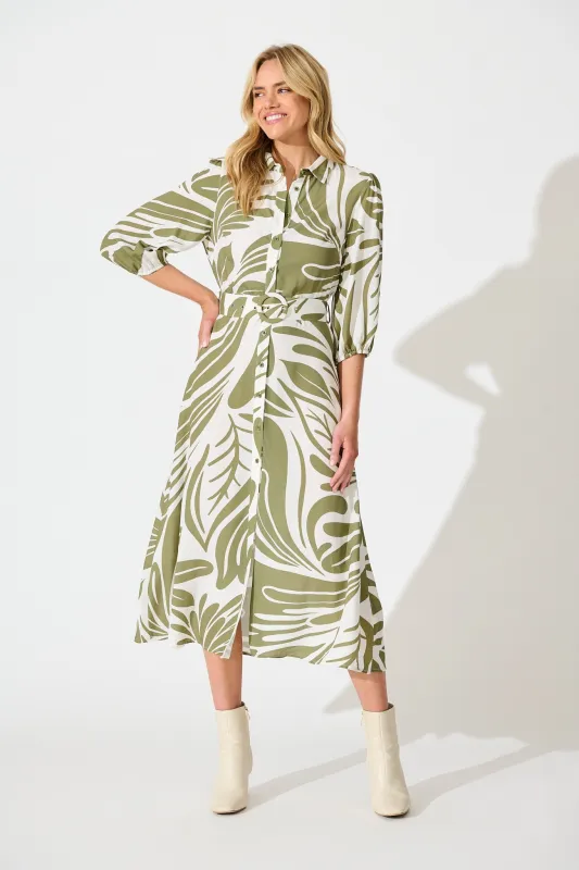 Karlina Midi Shirt Dress in Cream with Khaki Linen Blend sold by St Frock