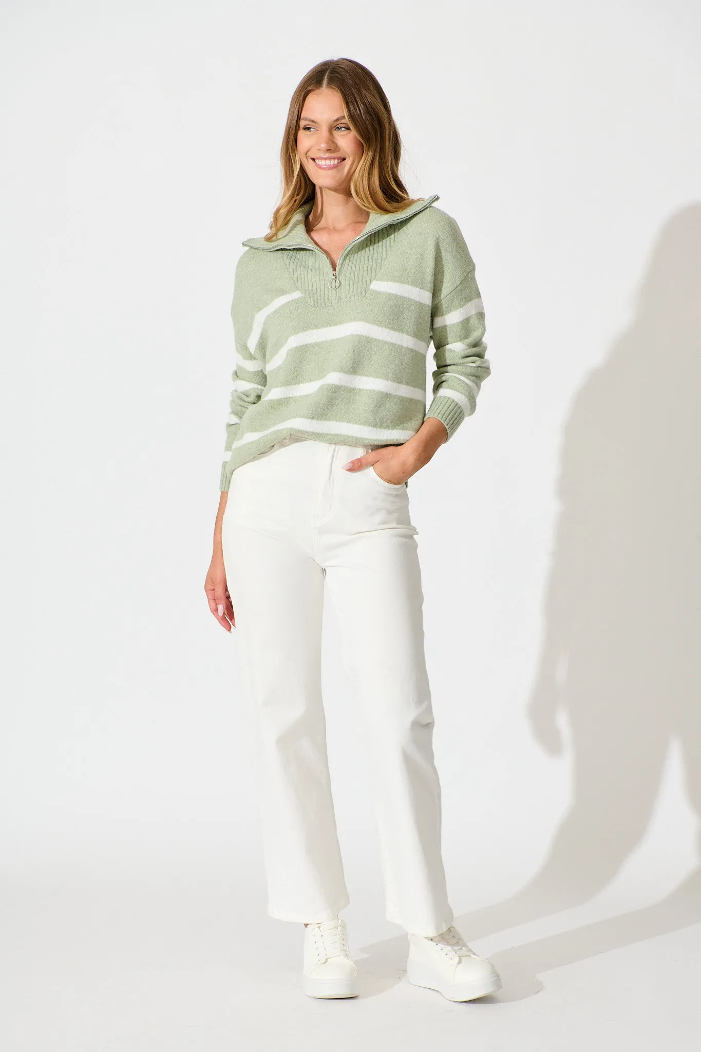 Serena Zip Knit in Sage with White Stripe Wool Blend sold by St Frock product image thumbnail 4