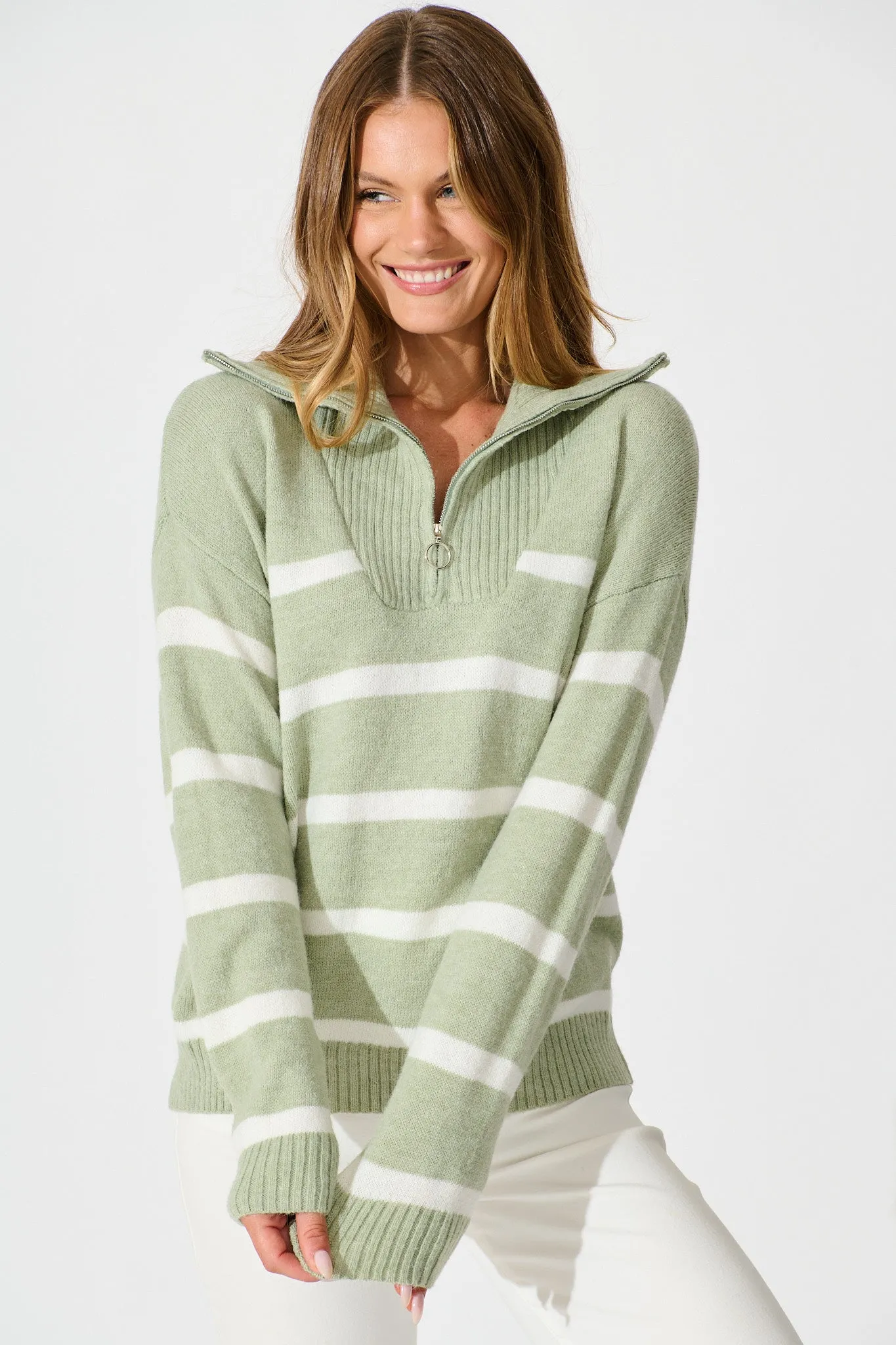 Serena Zip Knit in Sage with White Stripe Wool Blend sold by St Frock