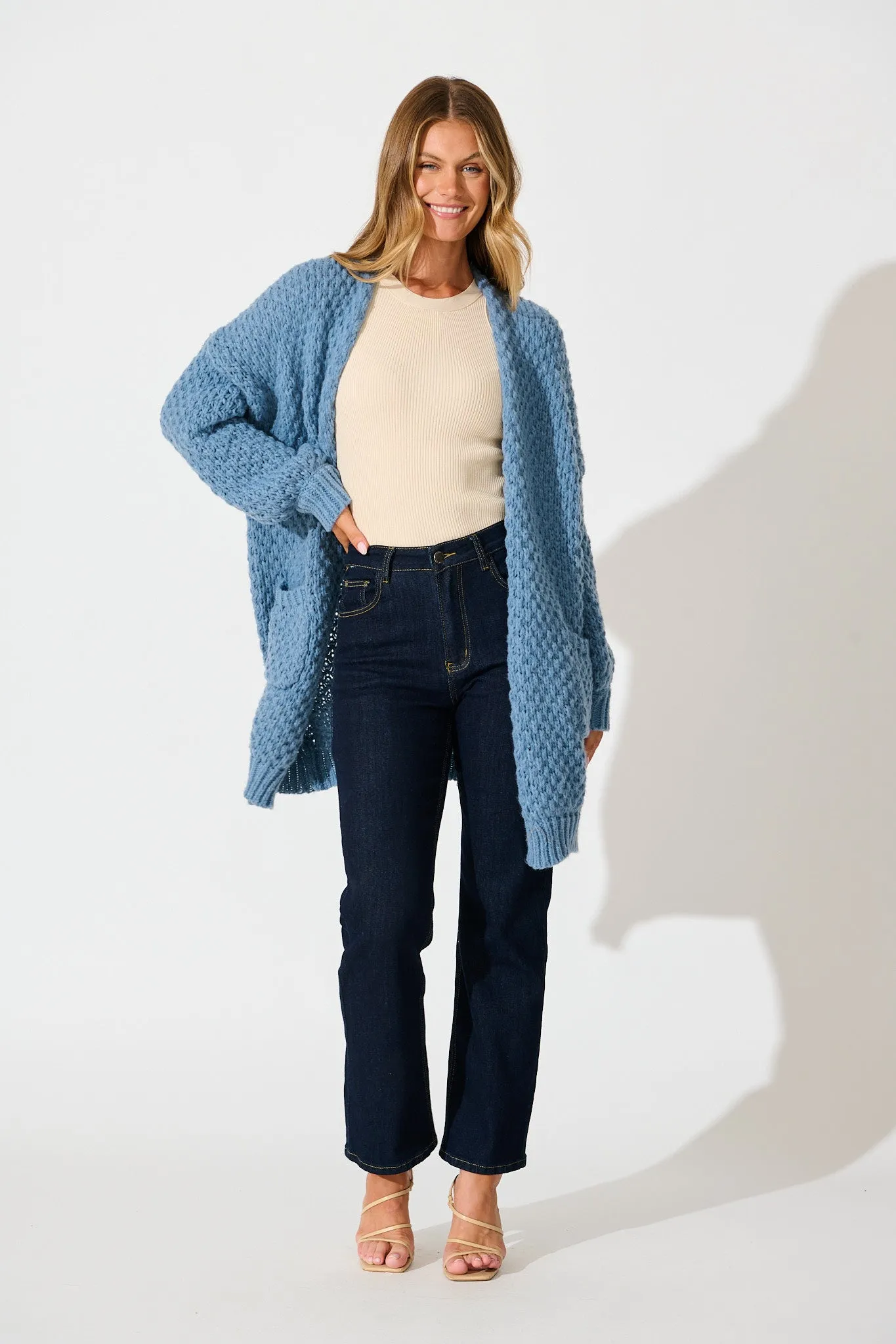 Tranquil Knit Cardigan in Dusty Blue Wool Blend sold by St Frock
