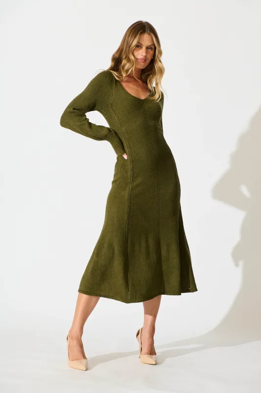 Gertie Midi Knit Dress In Khaki sold by St Frock