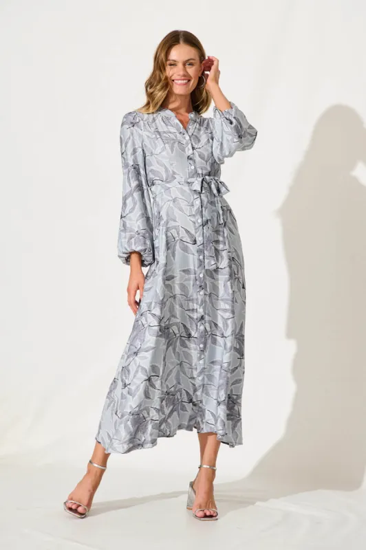 Lorie Maxi Shirt Dress In Grey Leaf Print Cotton Blend sold by St Frock