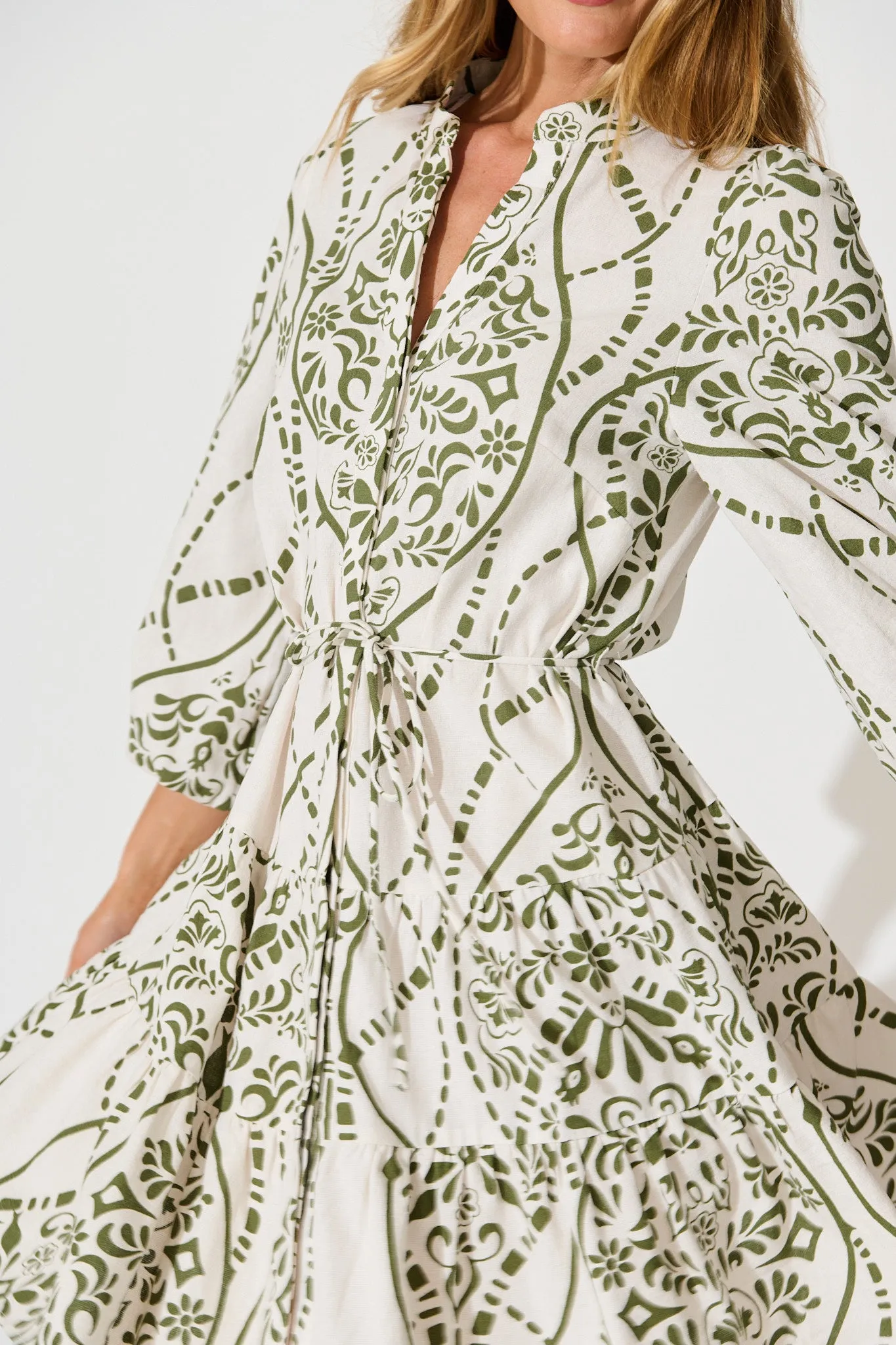 Sariyah Dress in Cream with Green Print Linen Blend sold by St Frock product image thumbnail 5