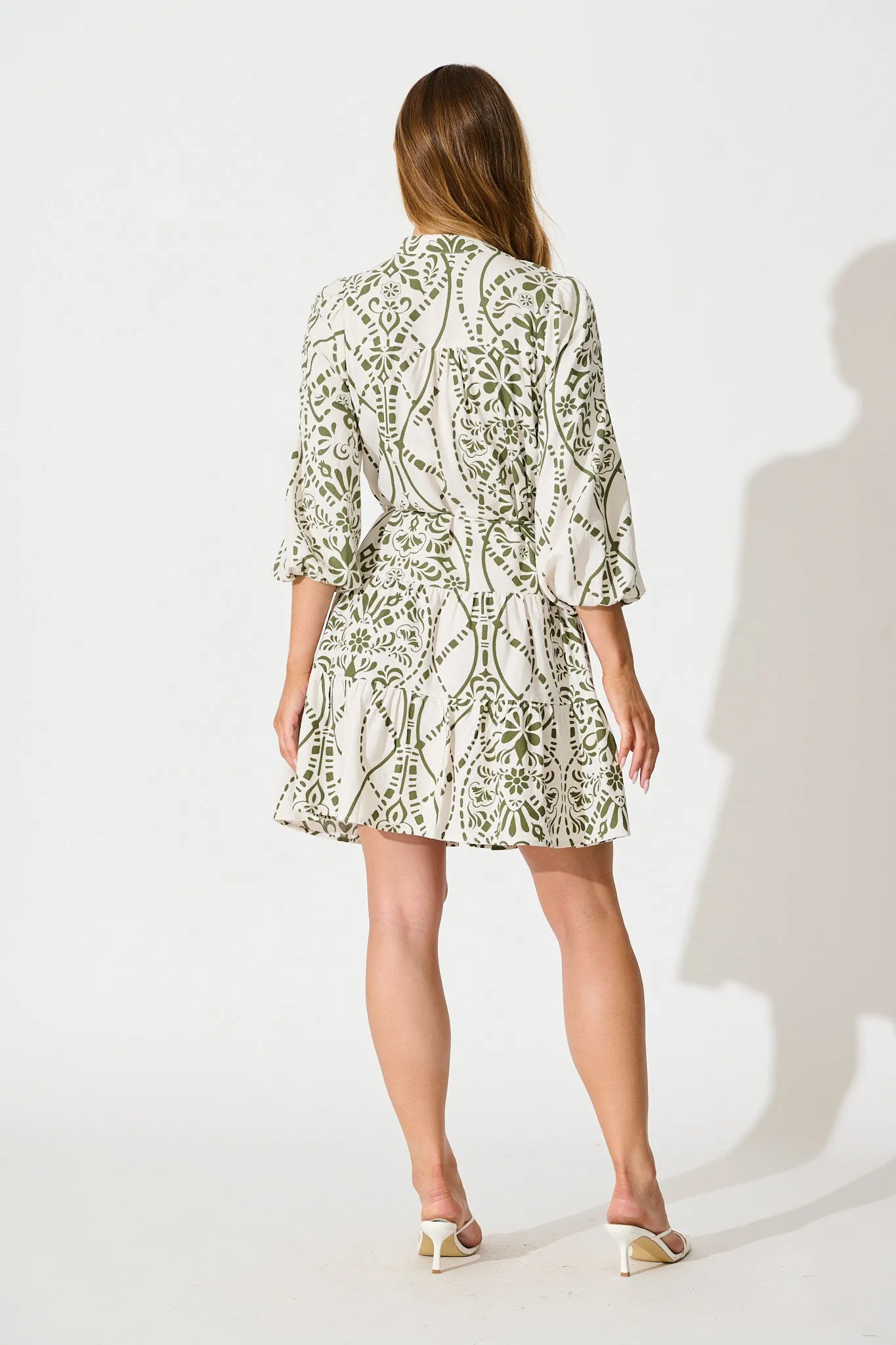 Sariyah Dress in Cream with Green Print Linen Blend sold by St Frock product image thumbnail 4