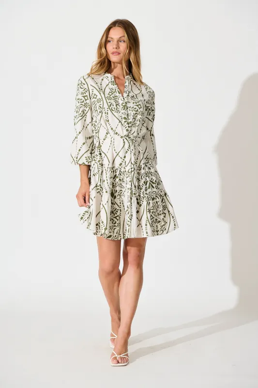 Sariyah Dress in Cream with Green Print Linen Blend sold by St Frock