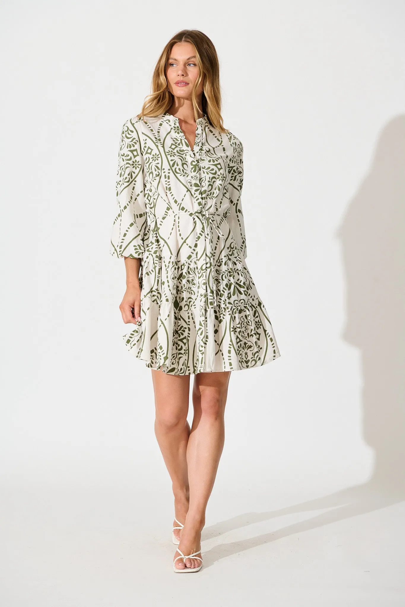 Sariyah Dress in Cream with Green Print Linen Blend sold by St Frock