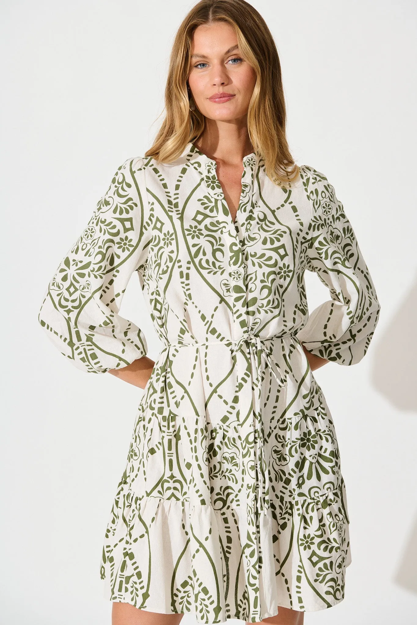 Sariyah Dress in Cream with Green Print Linen Blend sold by St Frock product image thumbnail 2