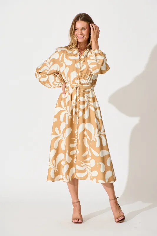 Peyton Midi Dress in Beige with White Print sold by St Frock