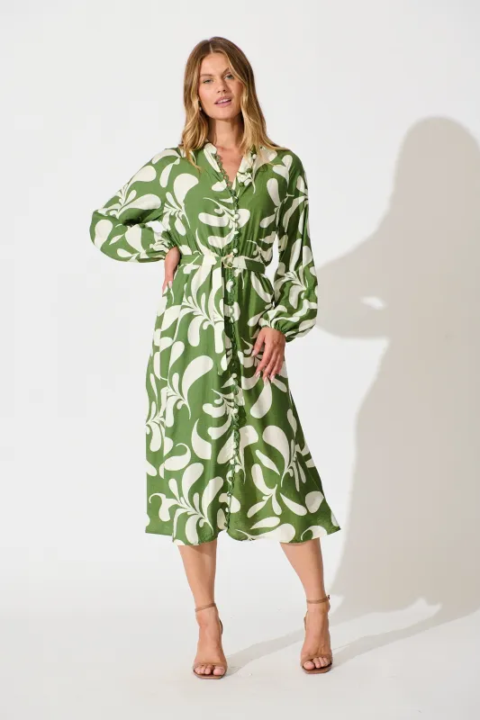 Peyton Midi Dress in Green with White Print sold by St Frock