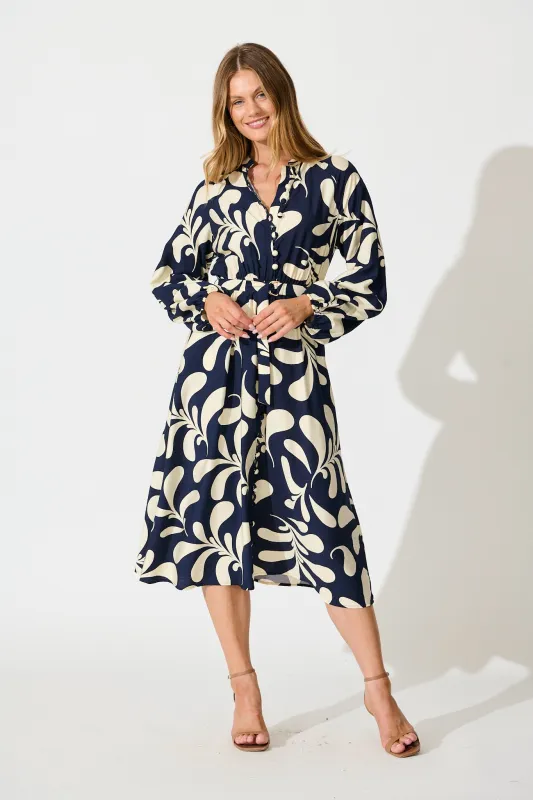 Peyton Midi Dress in Navy with White Print sold by St Frock