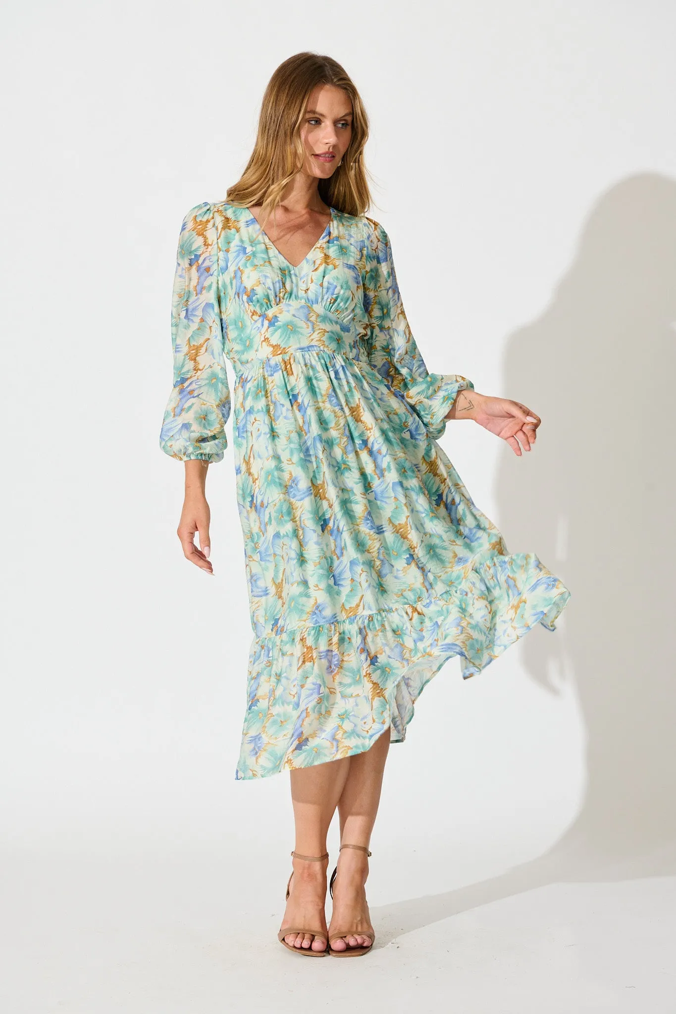 Marrakesh Midi Dress in Green Floral sold by St Frock