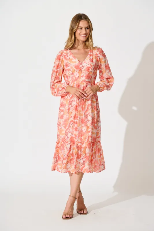 Marrakesh Midi Dress in Tangerine Floral sold by St Frock