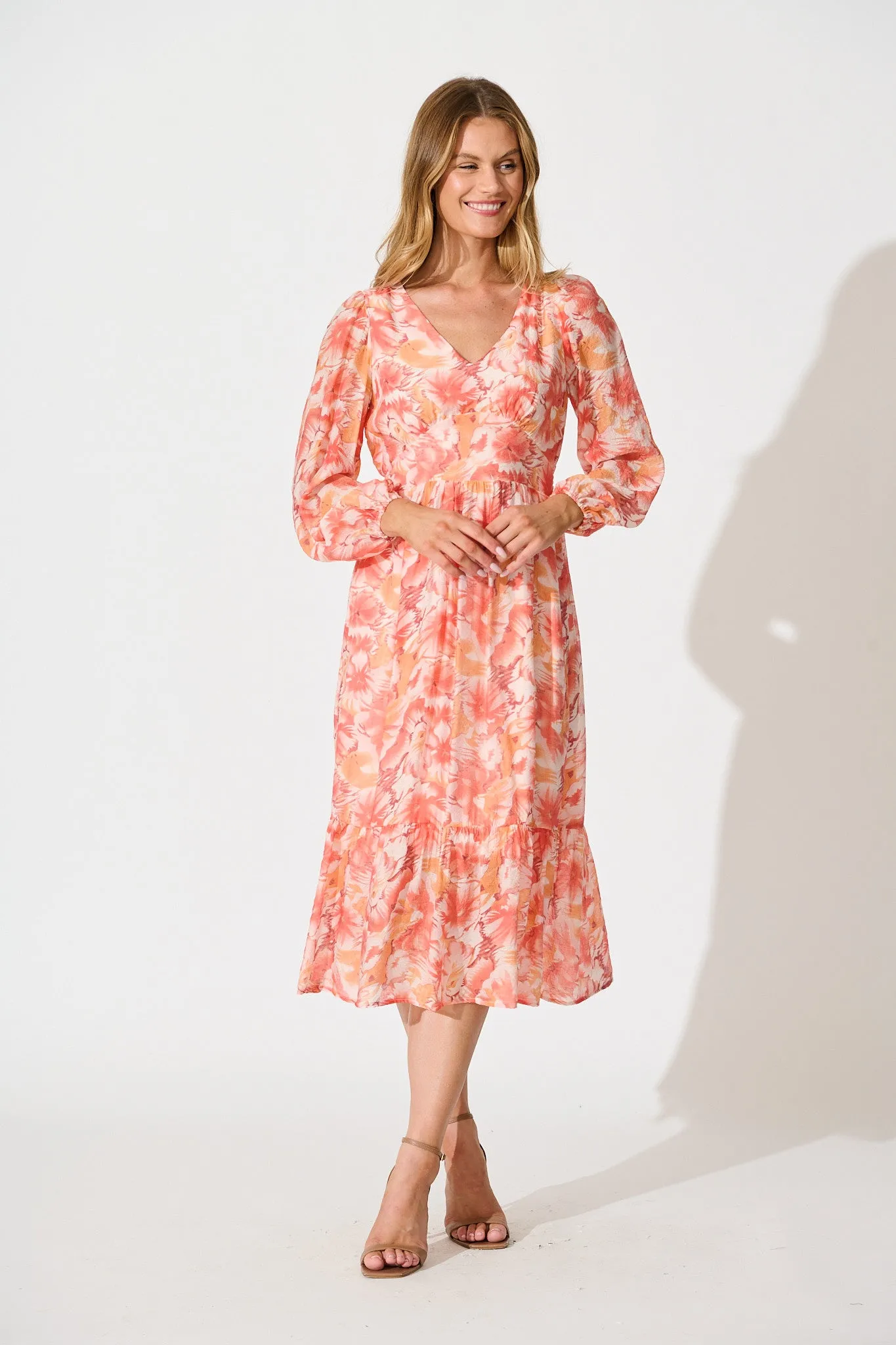 Marrakesh Midi Dress in Tangerine Floral sold by St Frock